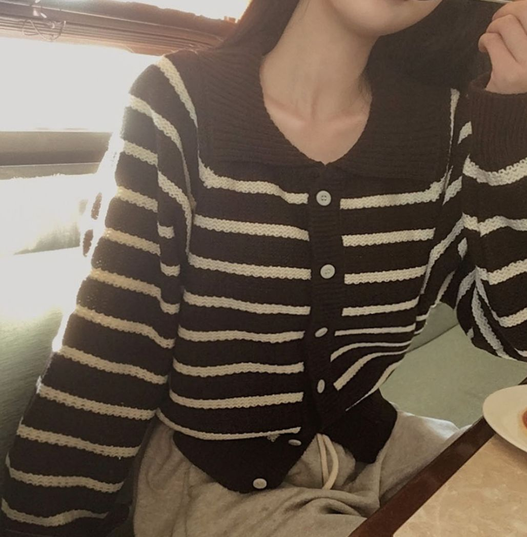 排鈕橫間針織上衣(啡色)