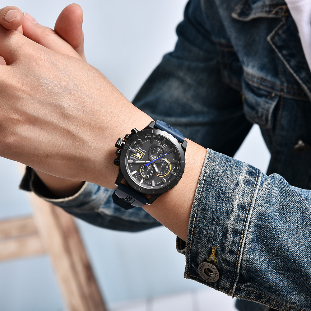 【Lofoten 羅斐頓】 F-6529MC 黑藍 經典 簡約 夜光 日期顯示 真三眼 藍寶石玻璃 矽膠 手錶