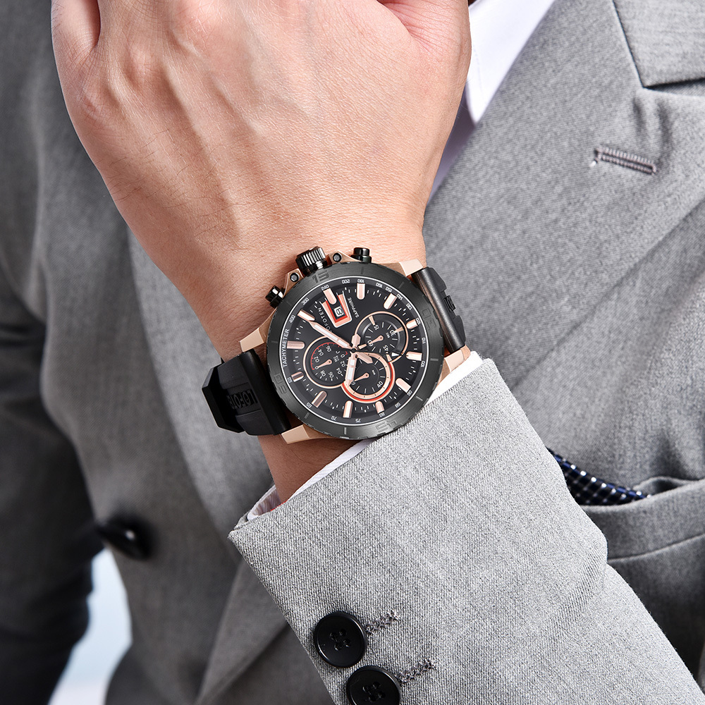 【Lofoten 羅斐頓】 F-6529MC 玫黑 經典 簡約 夜光 日期顯示 真三眼 藍寶石玻璃 矽膠 手錶