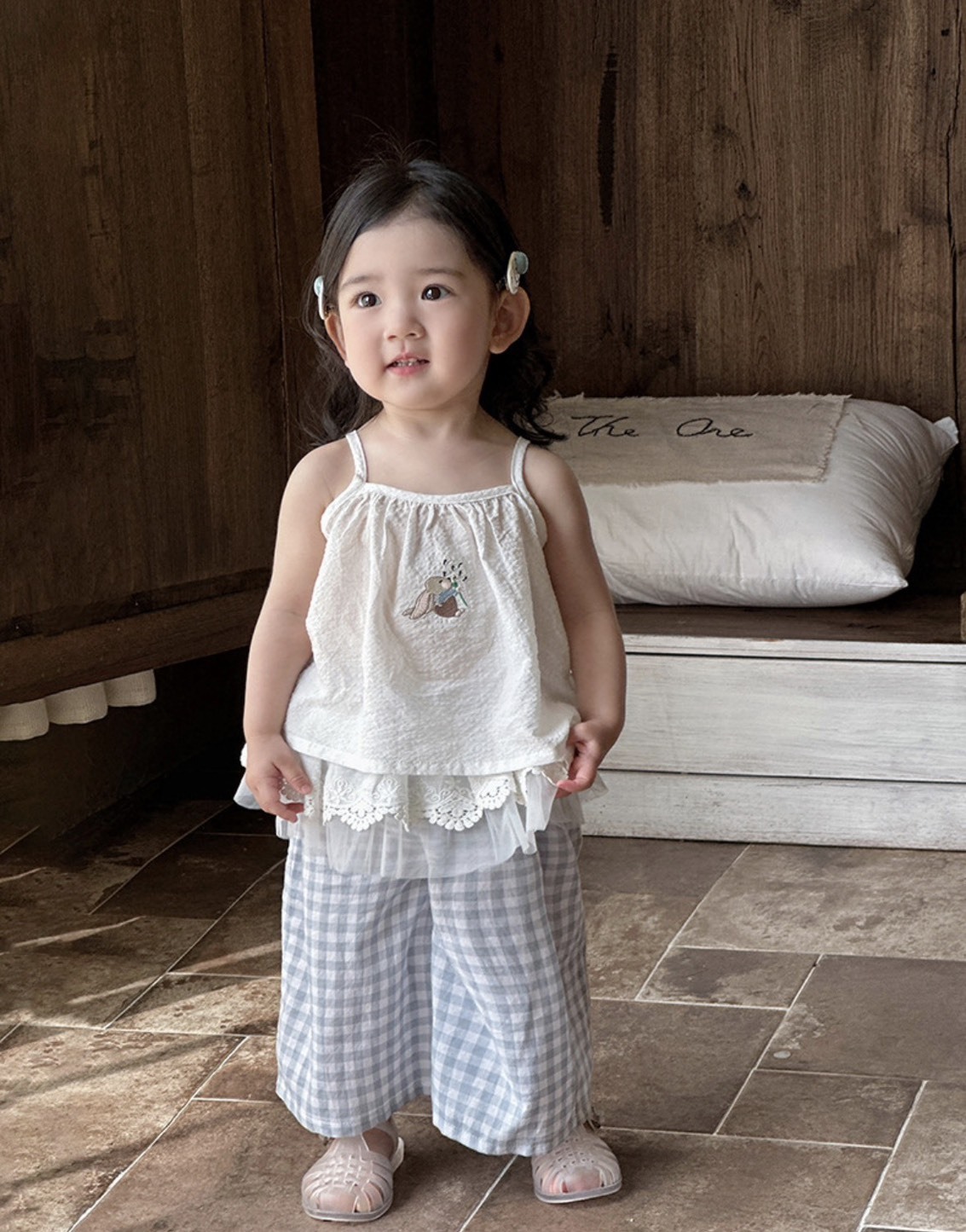 網紗拼接綠格子褲