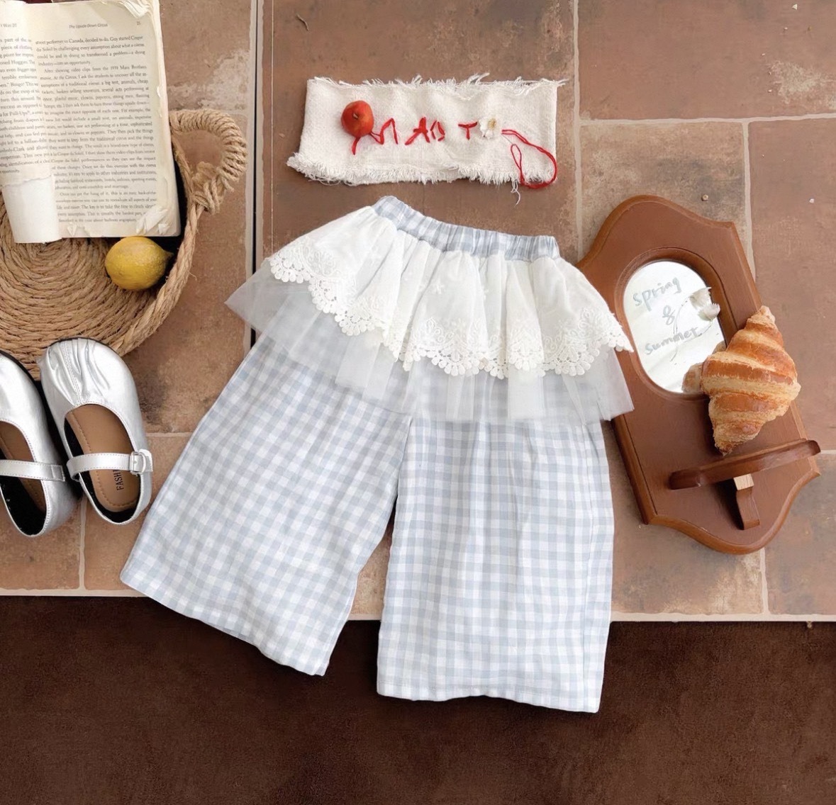 網紗拼接綠格子褲