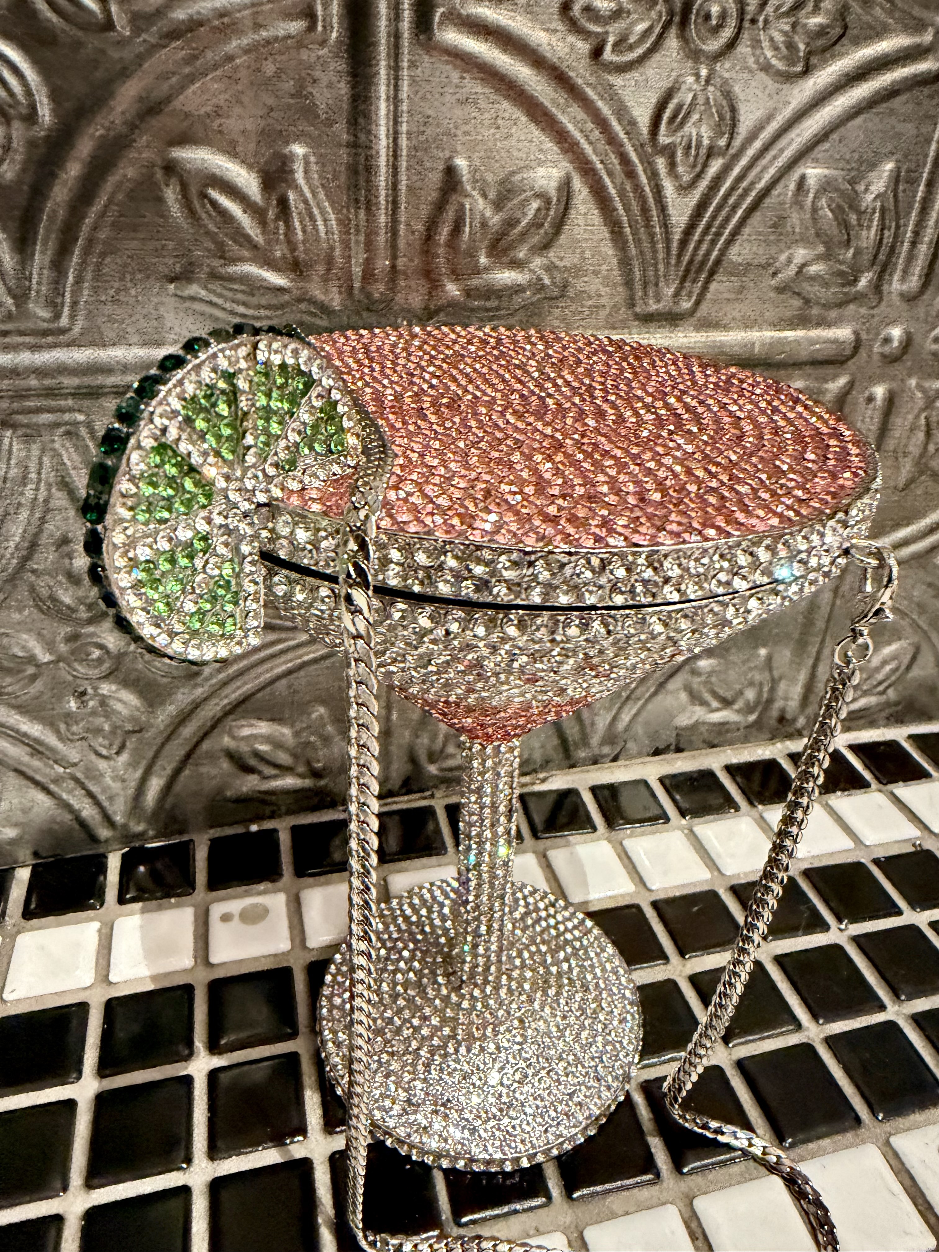 Pink Martini 粉紅色水鑽馬丁尼杯鍊條包包