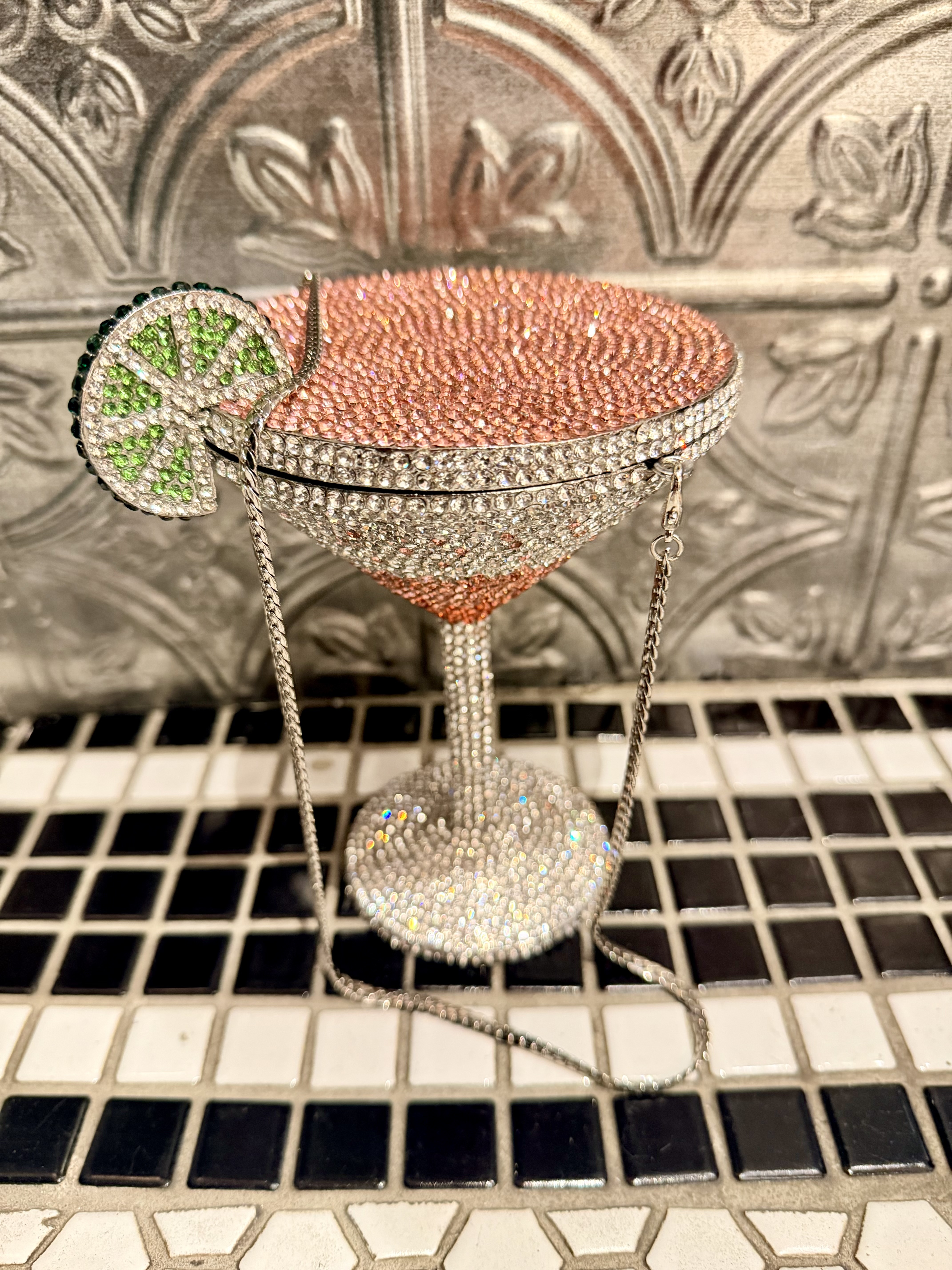 Pink Martini 粉紅色水鑽馬丁尼杯鍊條包包