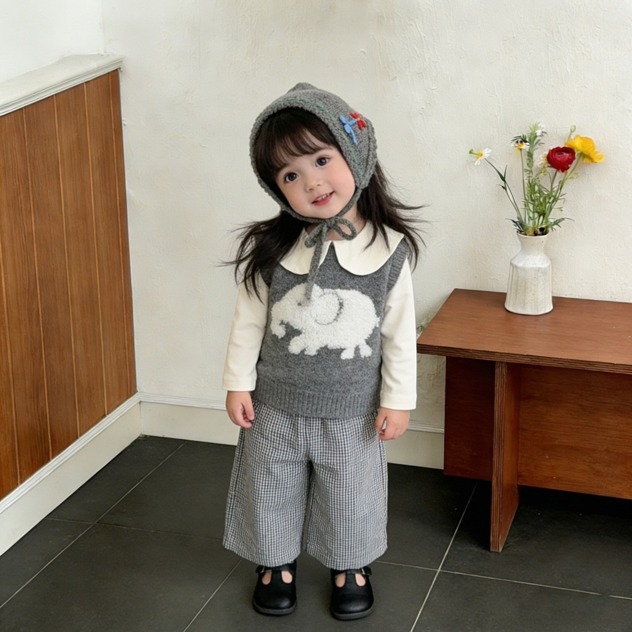 韓系小格子寬鬆長褲