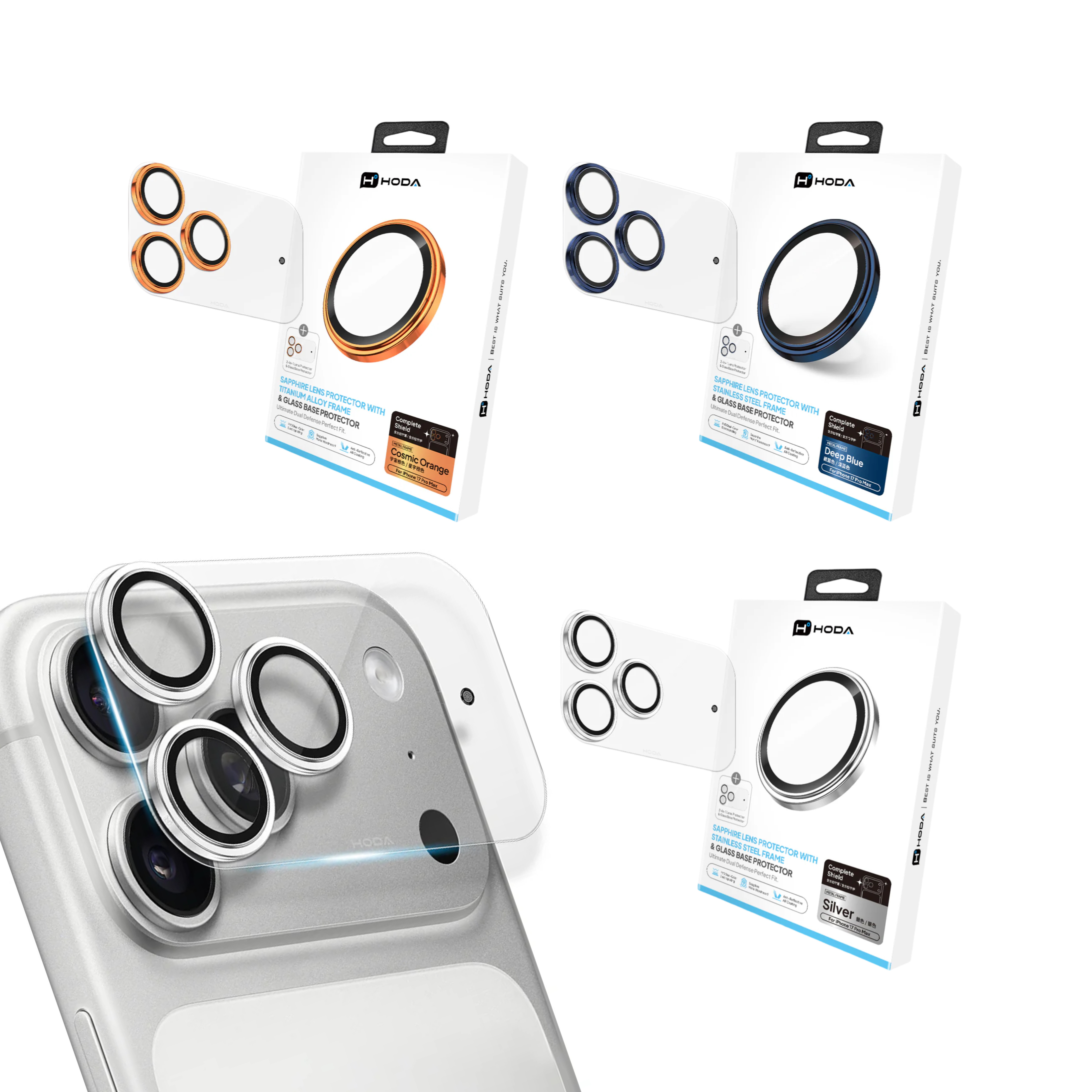 Hoda iPhone 17 Pro Max / 17 Pro 一體式藍寶石鏡頭+底座玻璃保護貼