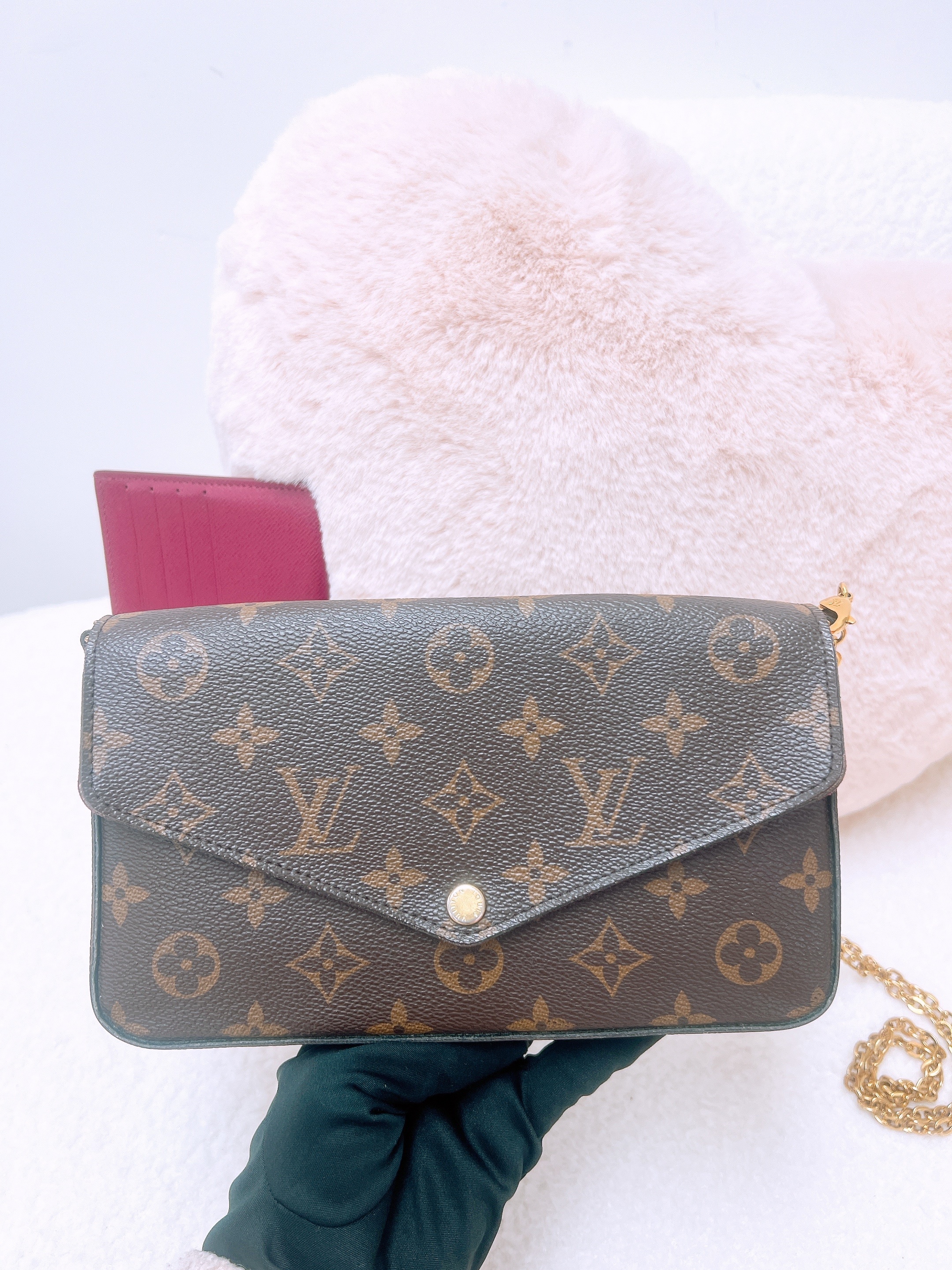 Lv felicie wallet on chain/ woc (brown monogram/ fuchsia)