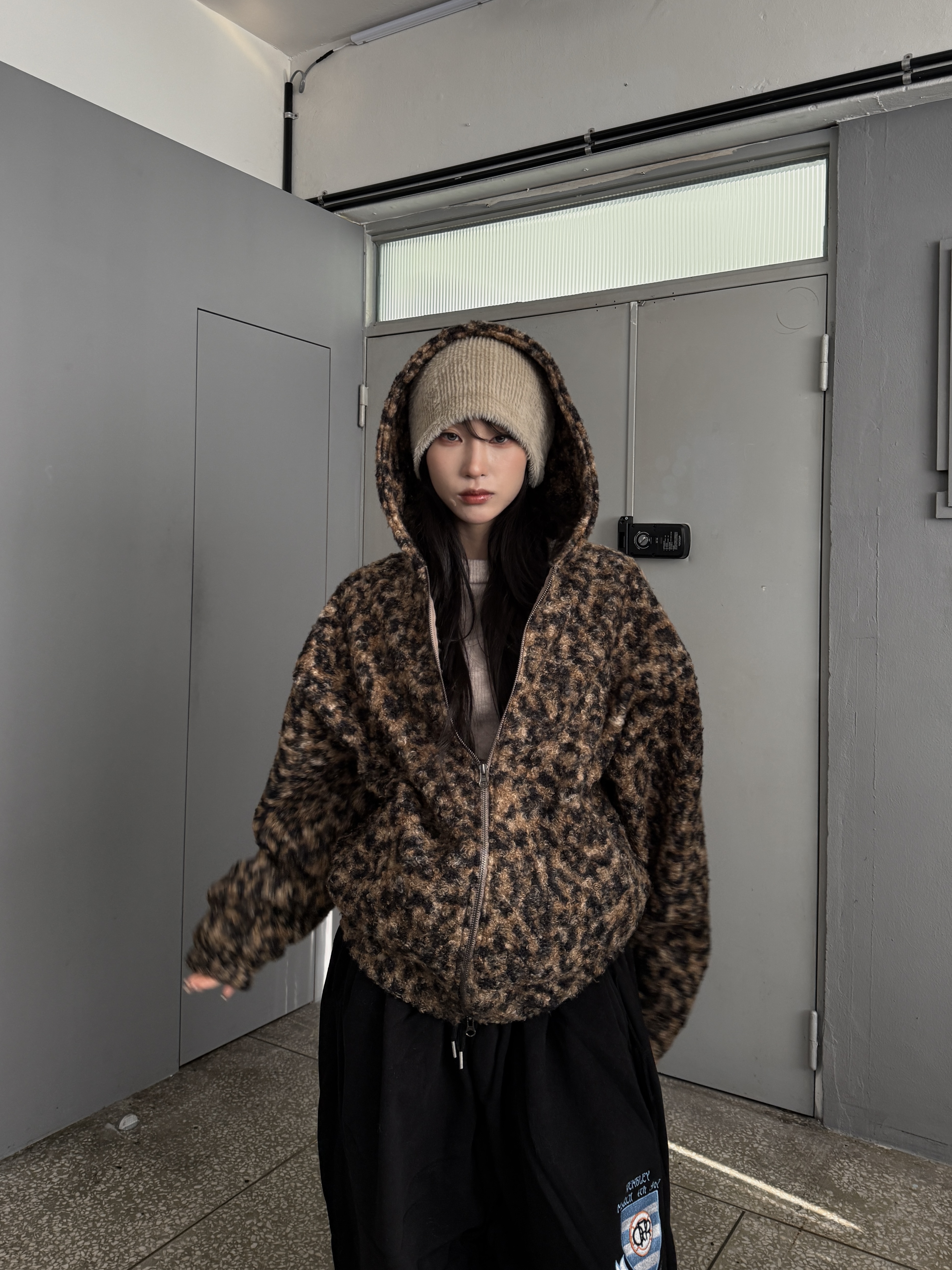 豹紋羊羔毛 寬鬆連帽外套（現貨）
