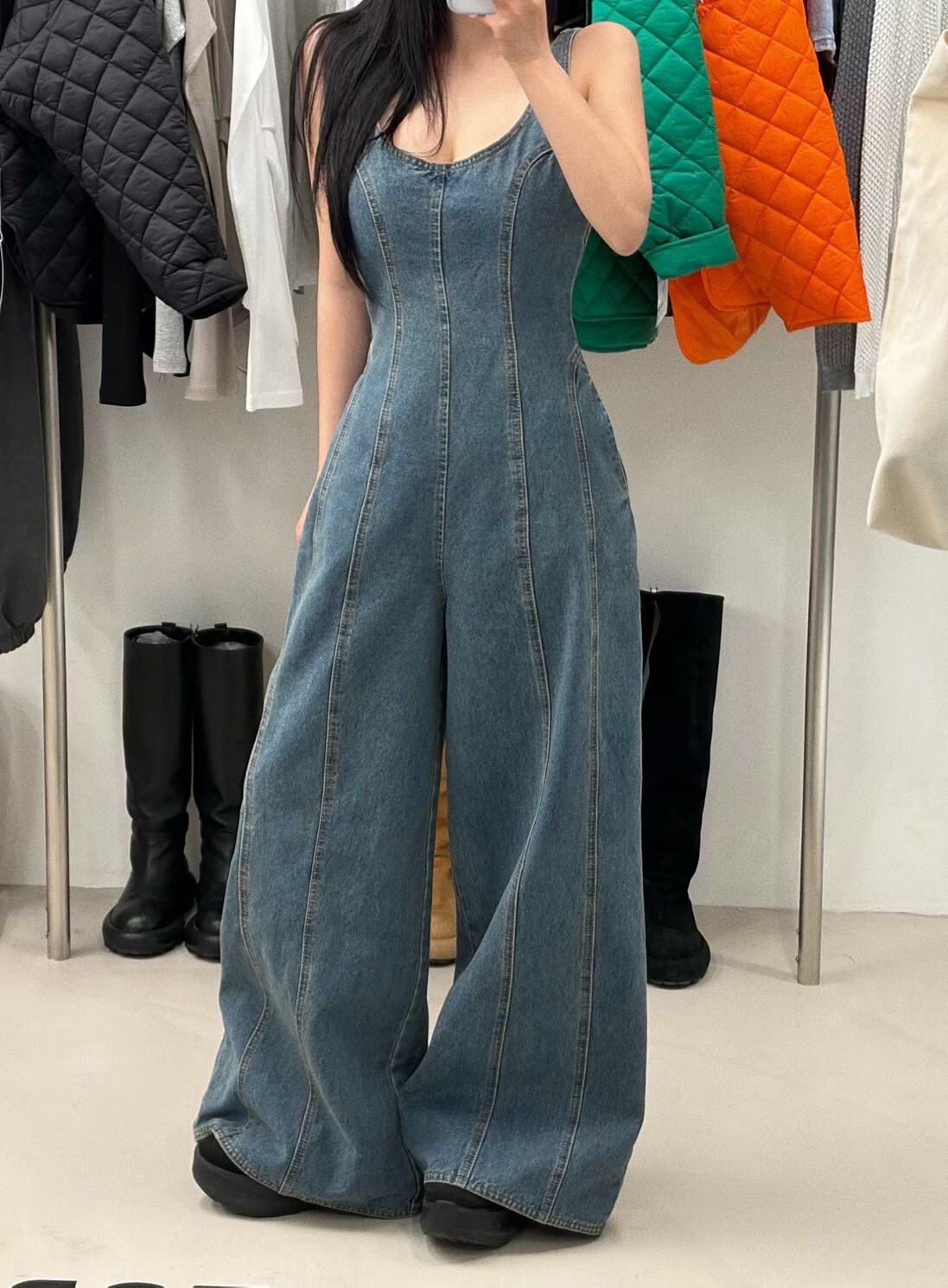 牛仔背心腰身連身寬長褲