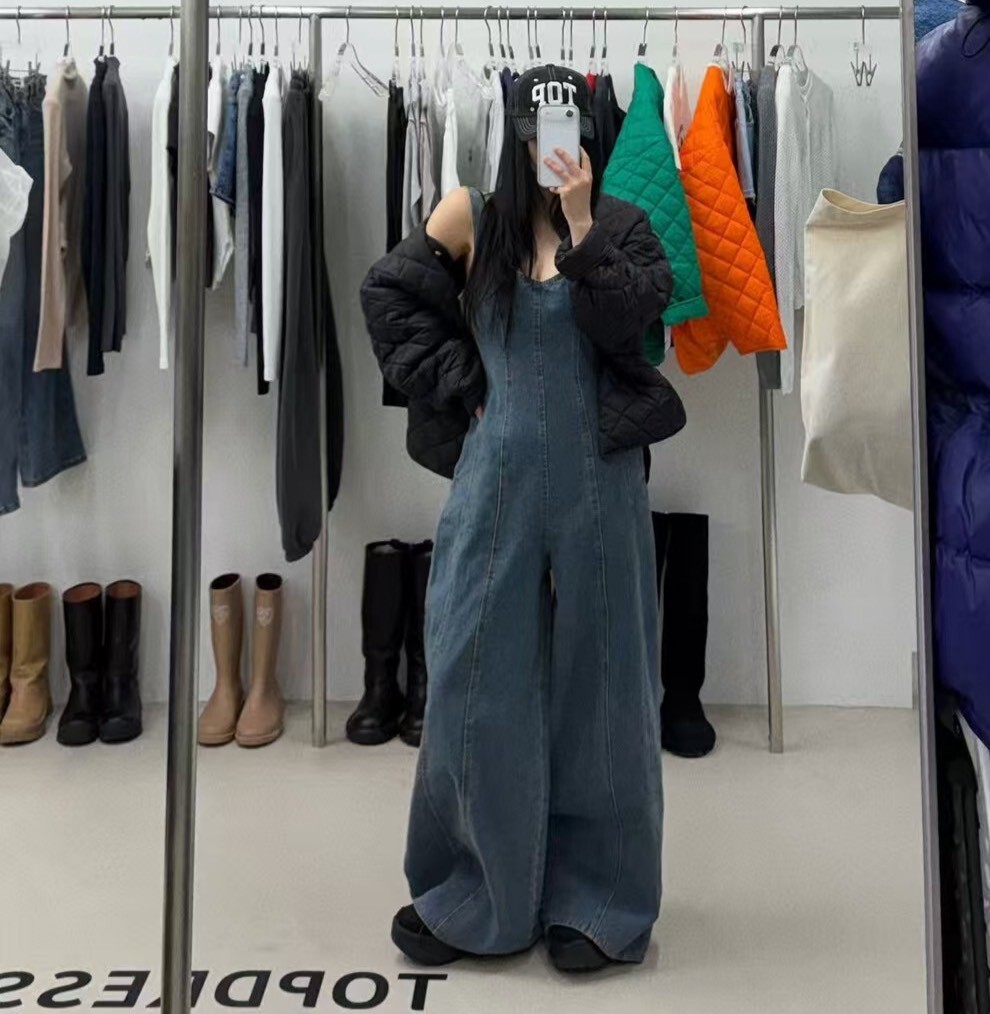 牛仔背心腰身連身寬長褲