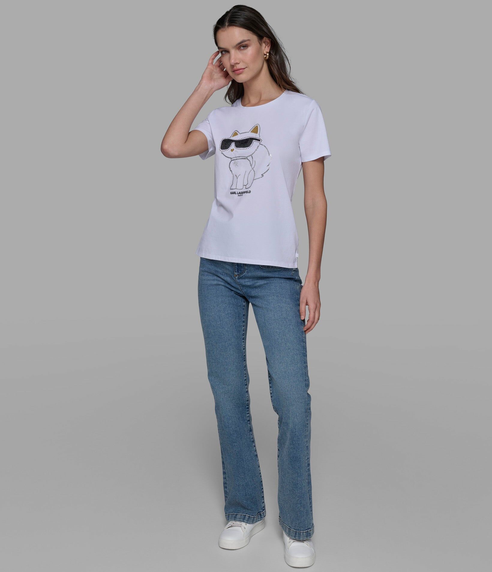 【Karl Lagerfeld Outlet】貓咪亮片短袖 L4WHD033  白