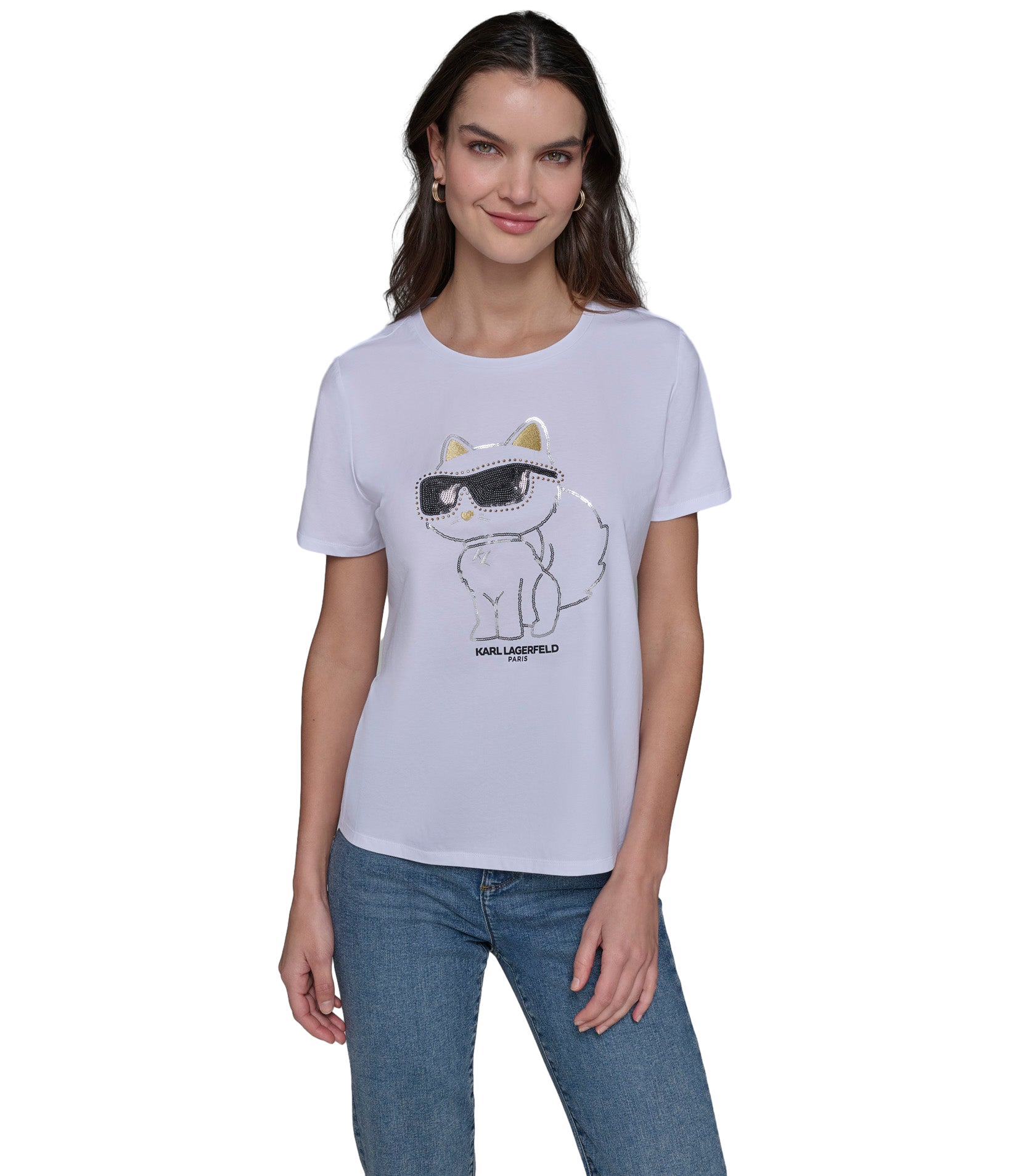 【Karl Lagerfeld Outlet】貓咪亮片短袖 L4WHD033  白