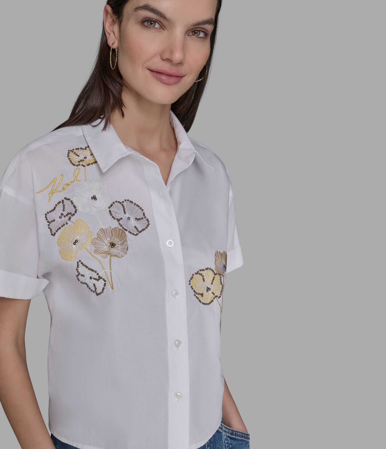 【Karl Lagerfeld Outlet】刺繡花朵襯衫 L5EA0698  白