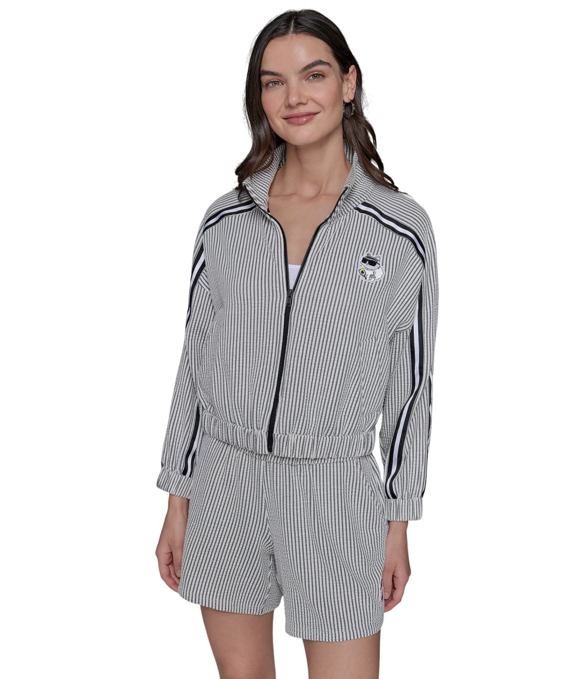 【Karl Lagerfeld Outlet】條紋貓咪匹克球外套 L5TCZ030  灰