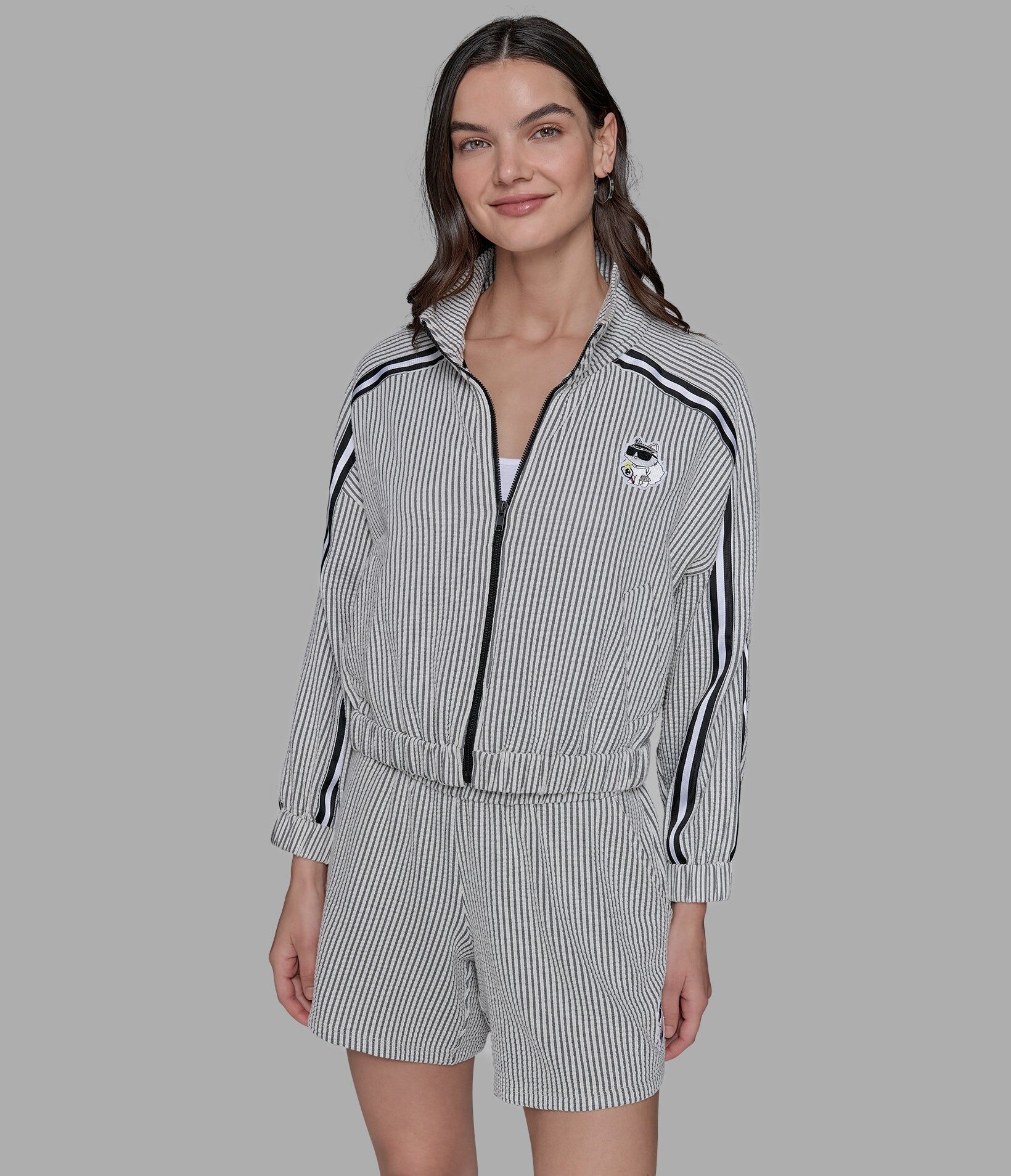 【Karl Lagerfeld Outlet】條紋貓咪匹克球外套 L5TCZ030  灰