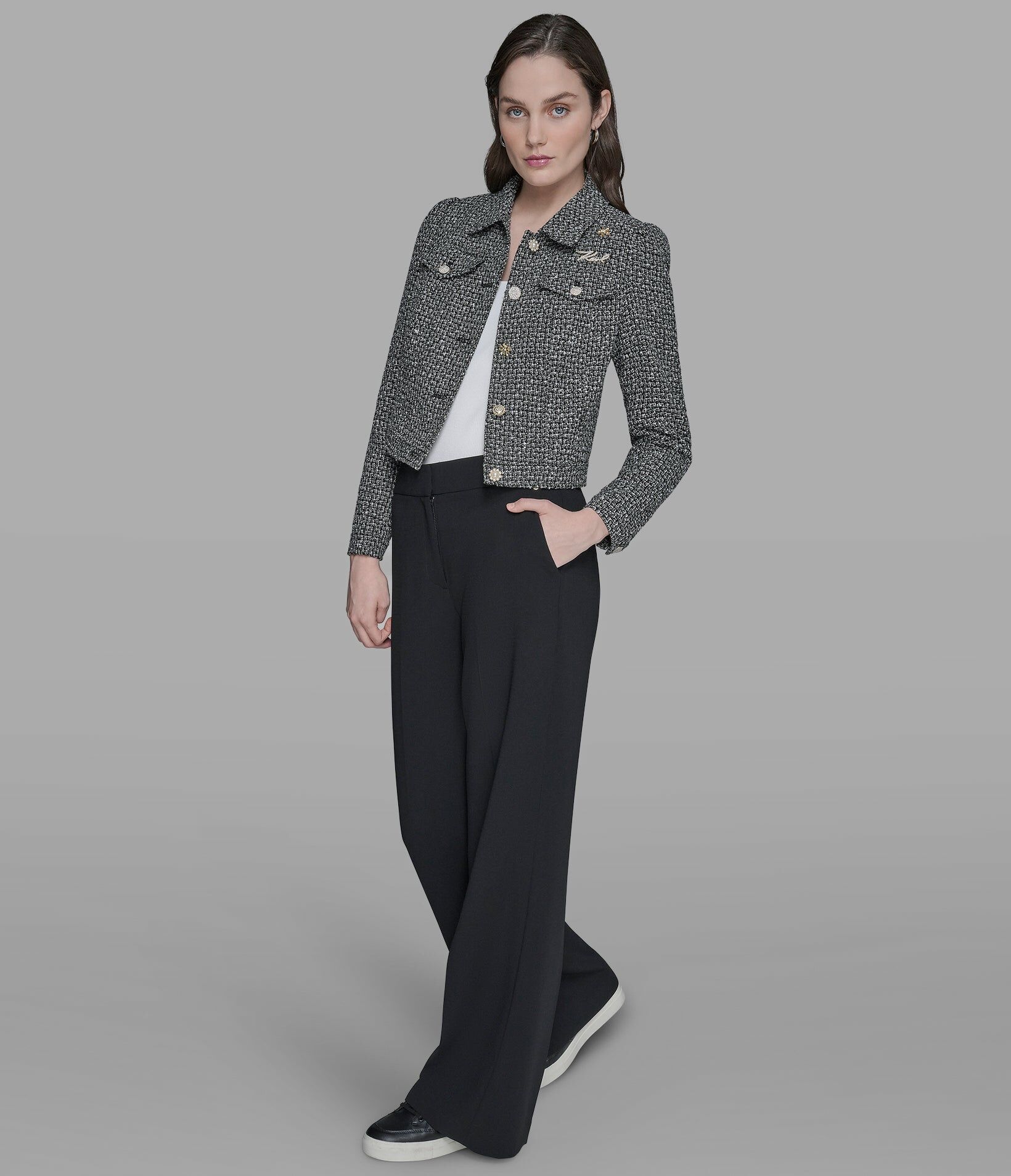 【Karl Lagerfeld Outlet】小香風鑲鑽短款外套 L5TCU113  黑