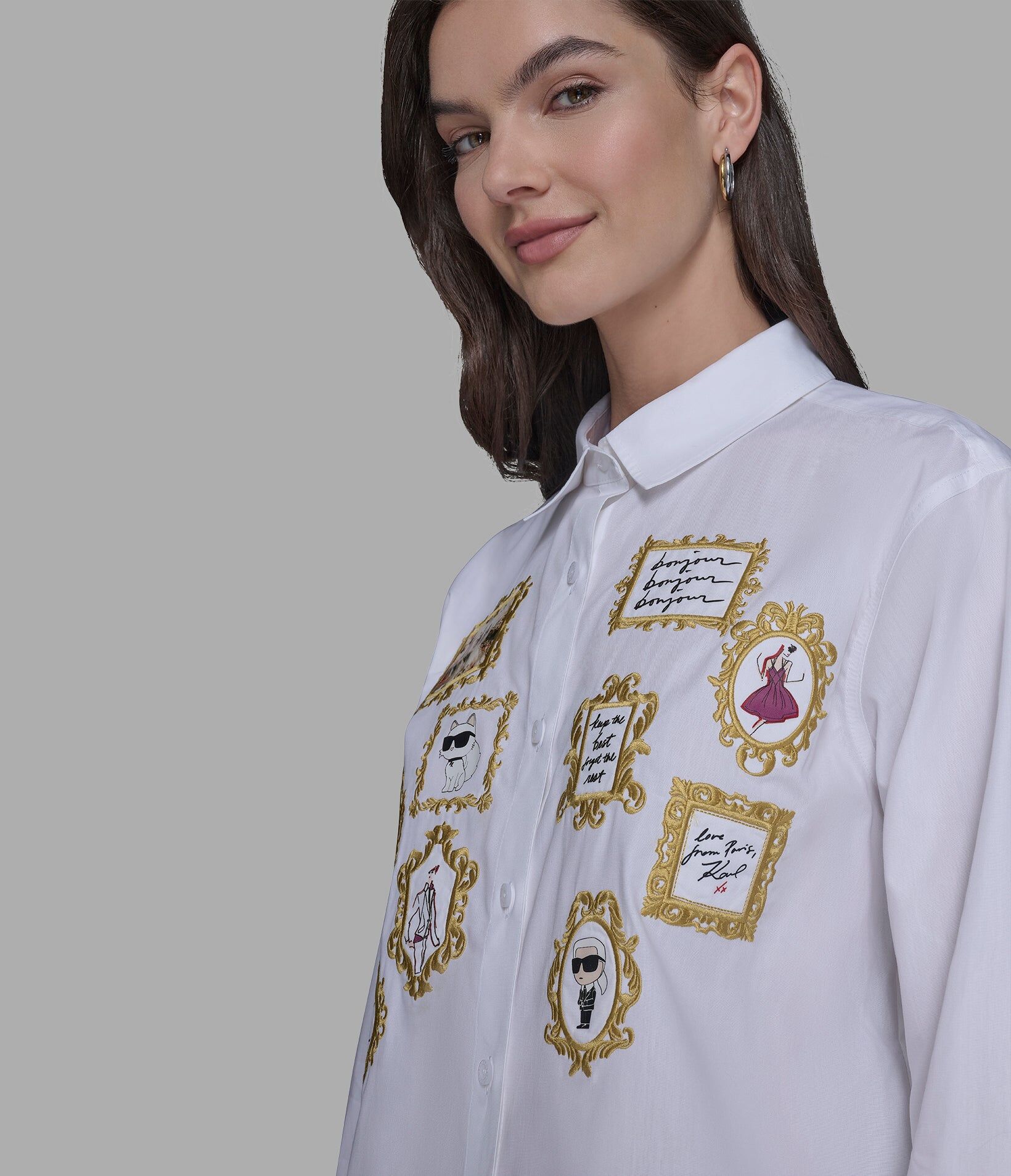 【Karl Lagerfeld Outlet】刺繡相框長袖襯衫 L5TA0617  白