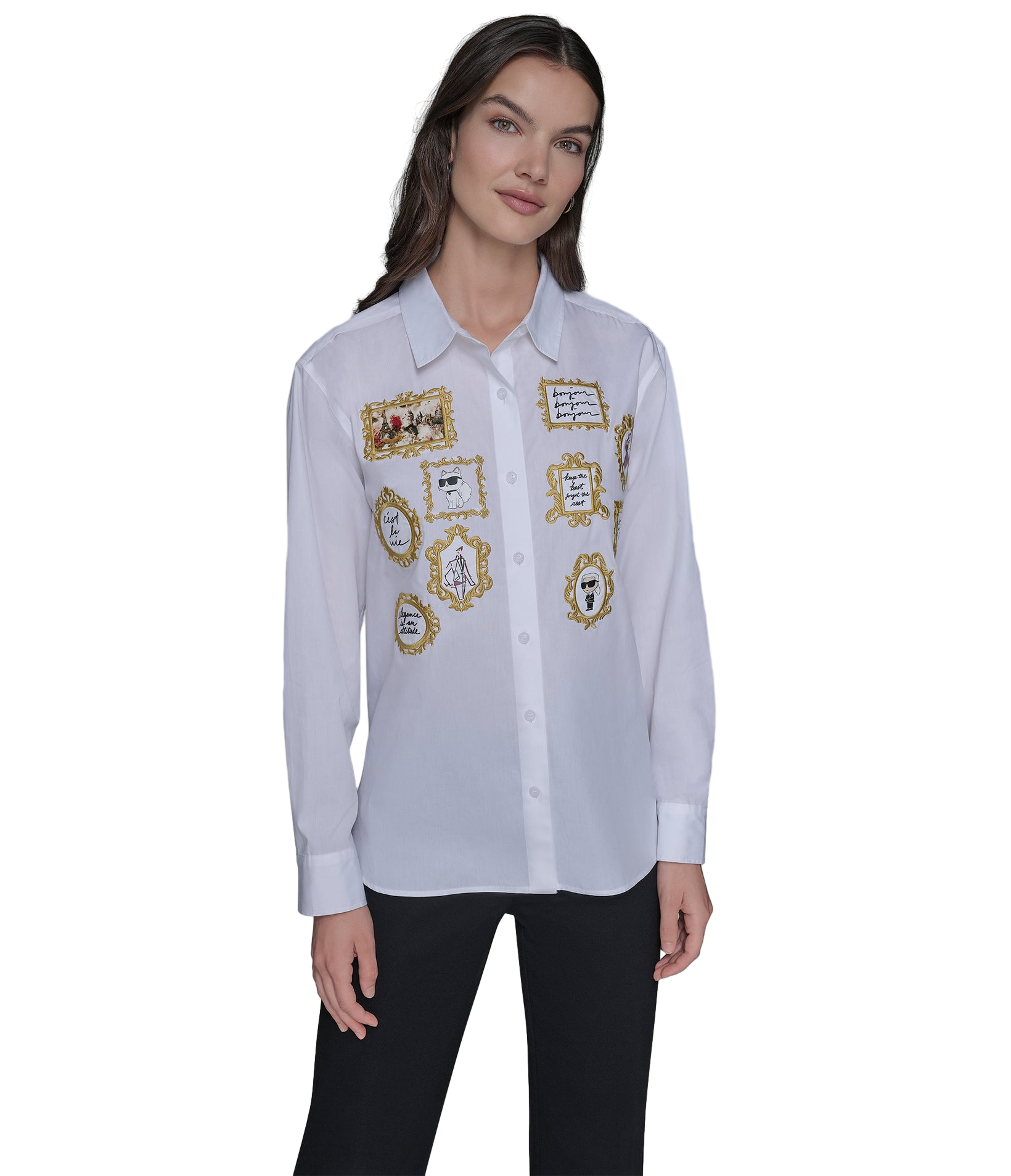 【Karl Lagerfeld Outlet】刺繡相框長袖襯衫 L5TA0617  白