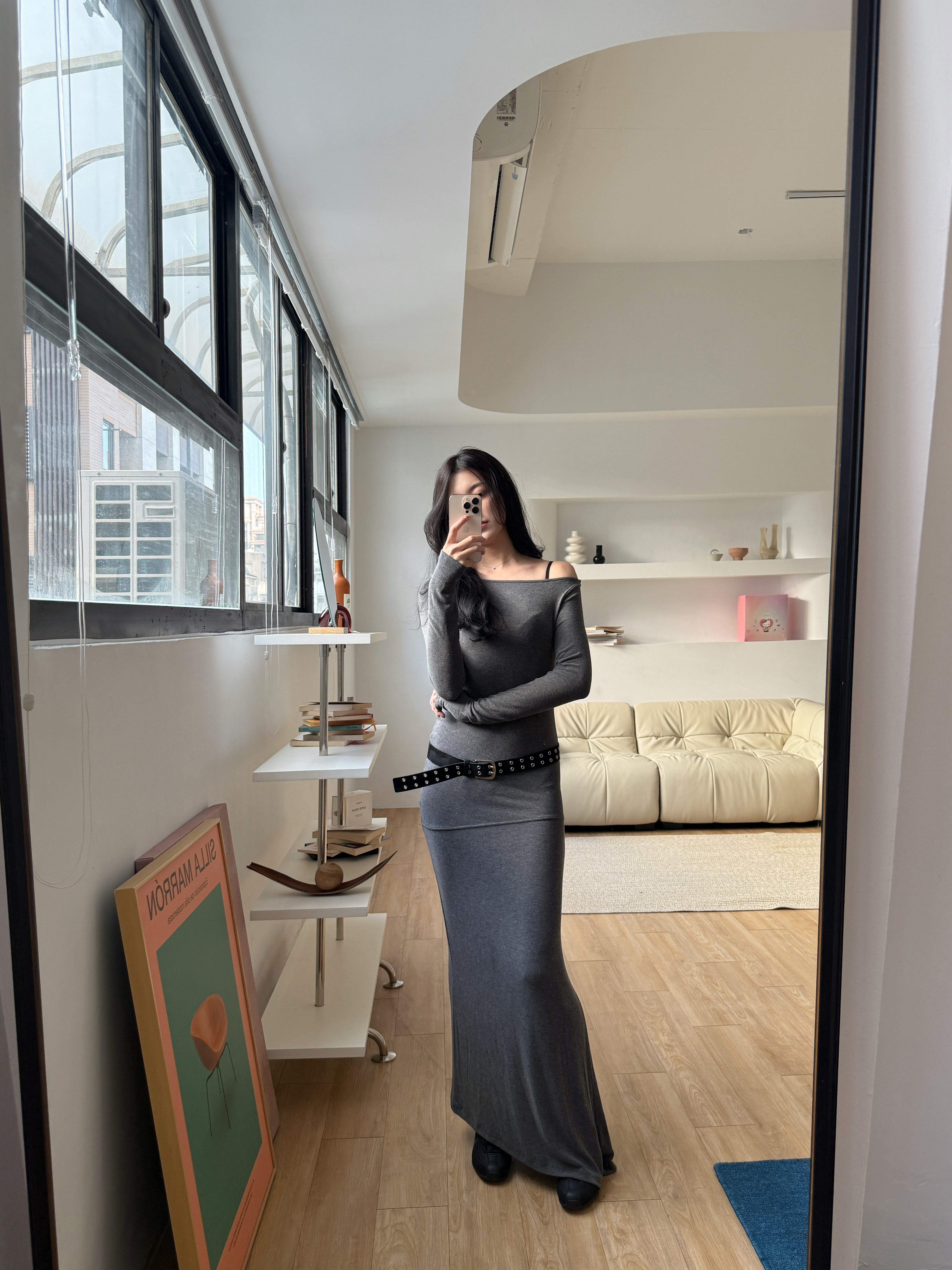 F07-慵懶斜肩女人味洋裝(黑/灰)