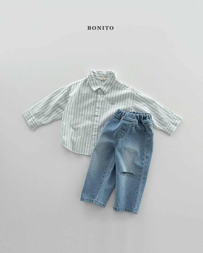 正韓春Bonito 嫩嬰/小童兩色條紋小標有領上衣