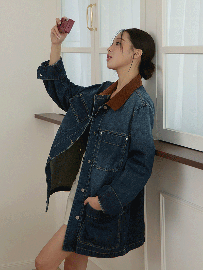 D1033-拼接領口袋牛仔外套