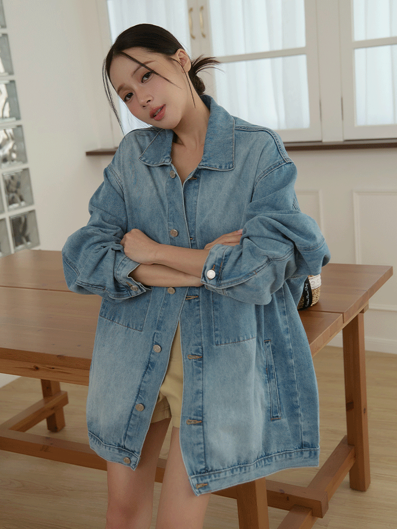 D1039-刷色口袋牛仔襯衫外