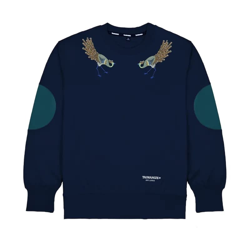 設計系列-孔雀大刺繡撞色拼接男/女圓領落肩寬版95.5彈性棉大學衫