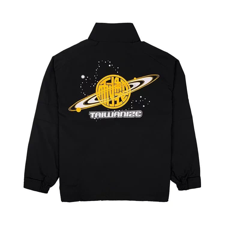 設計系列-Y2K耐製賽博星球大背面印花男/女半開襟拼接寬版防潑水透氣貼膜風衣外套