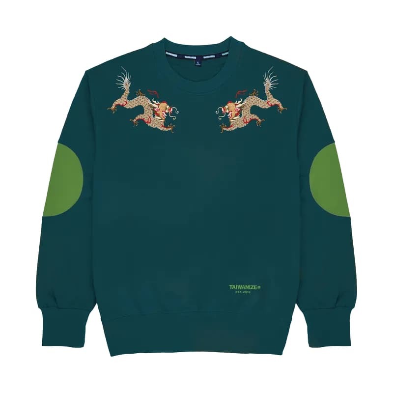 設計系列-龍大刺繡撞色拼接男/女圓領落肩寬版95.5彈性棉大學衫