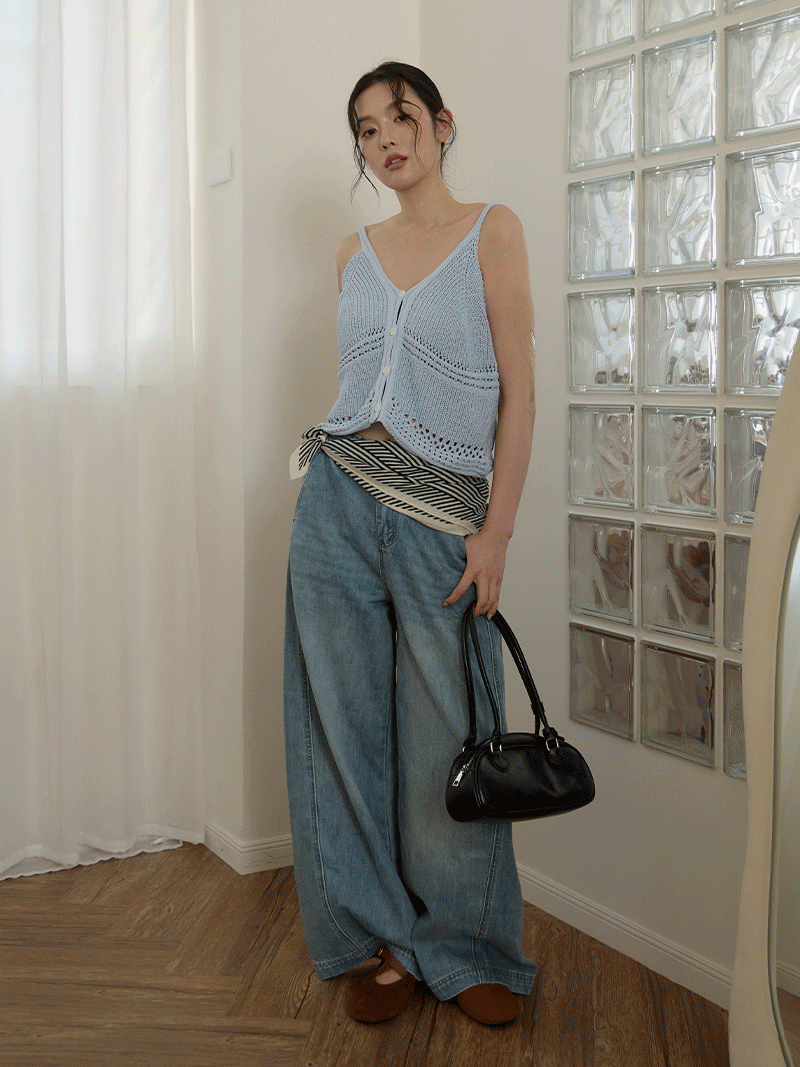 B1634-壓線牛仔褲(附格紋絲巾腰帶)