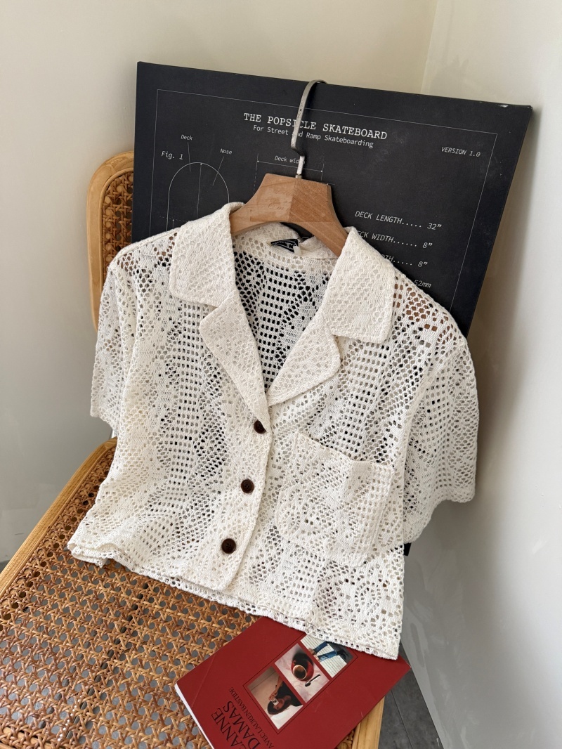 A3254-復古鏤空針織短袖襯衫