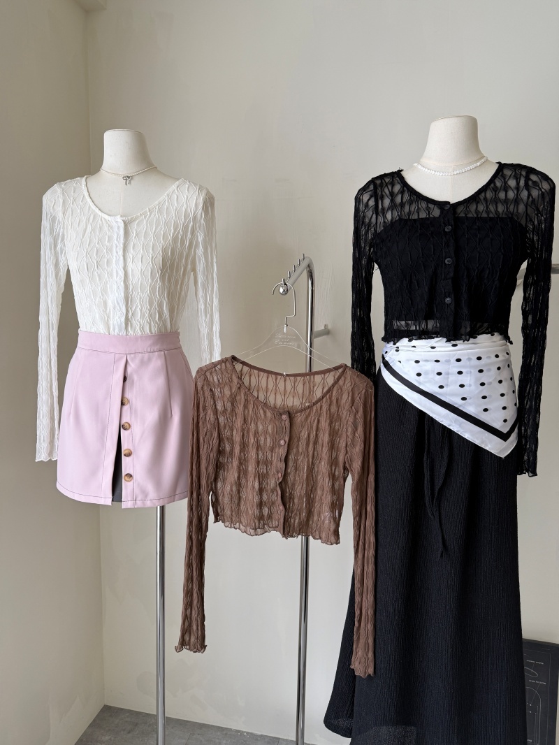 A3257-透膚皺褶短版上衣