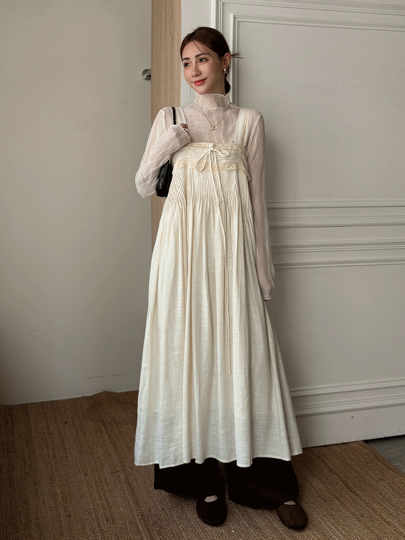 IB929-壓褶蕾絲吊帶連衣裙