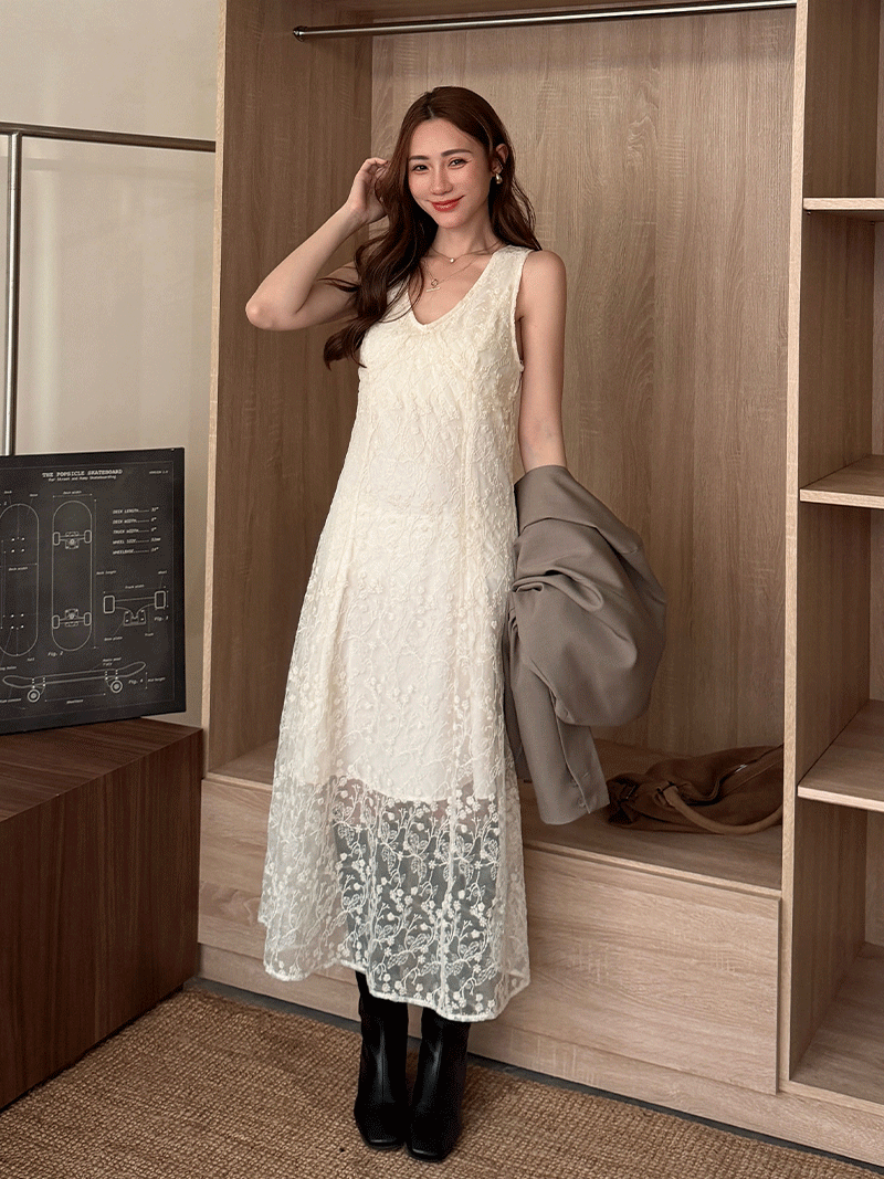 IB932-法式V領蕾絲刺繡層次裙