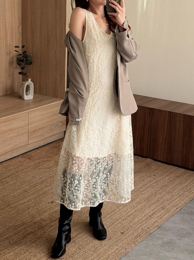 IB932-法式V領蕾絲刺繡層次裙