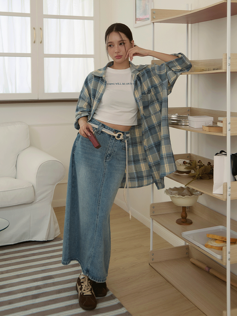 B1640-直筒牛仔裙(附編織腰帶)