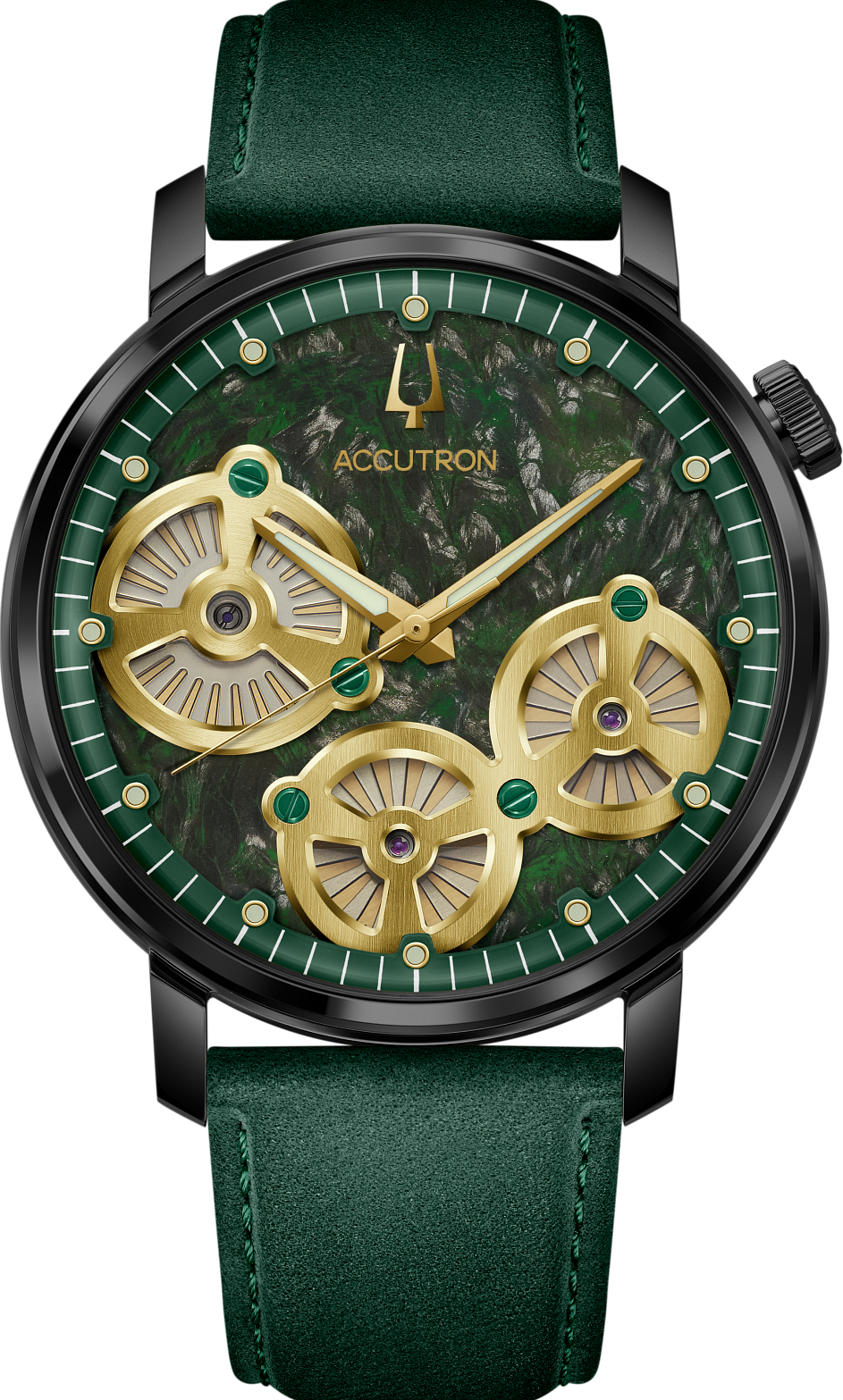 萬年鐘錶 - BULOVA 寶路華  雙渦輪驅動綠色鍛造碳纖維面盤麂皮錶帶 獨家靜電能驅動的專有 Accutron 機芯音叉錶 28A210 錶徑 43.5MM