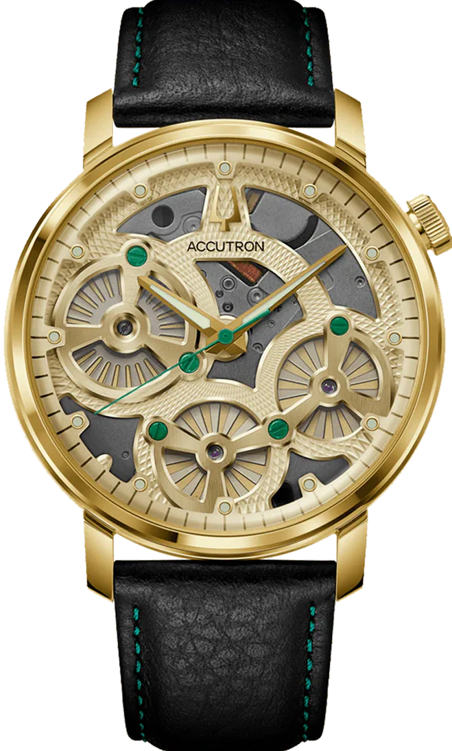 萬年鐘錶 - BULOVA 寶路華  金色不鏽鋼錶殼皮革錶帶 獨家靜電能驅動的專有 Accutron 機芯音叉錶 27A205A 錶徑 43.5MM