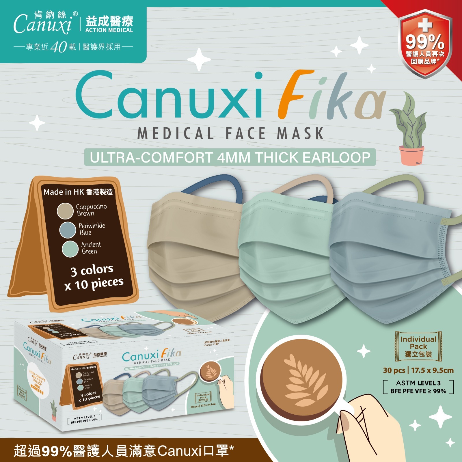 香港製 - Canuxi Fika 高透氣成人3色口罩 ASTM Level 3 (30片獨立包裝)