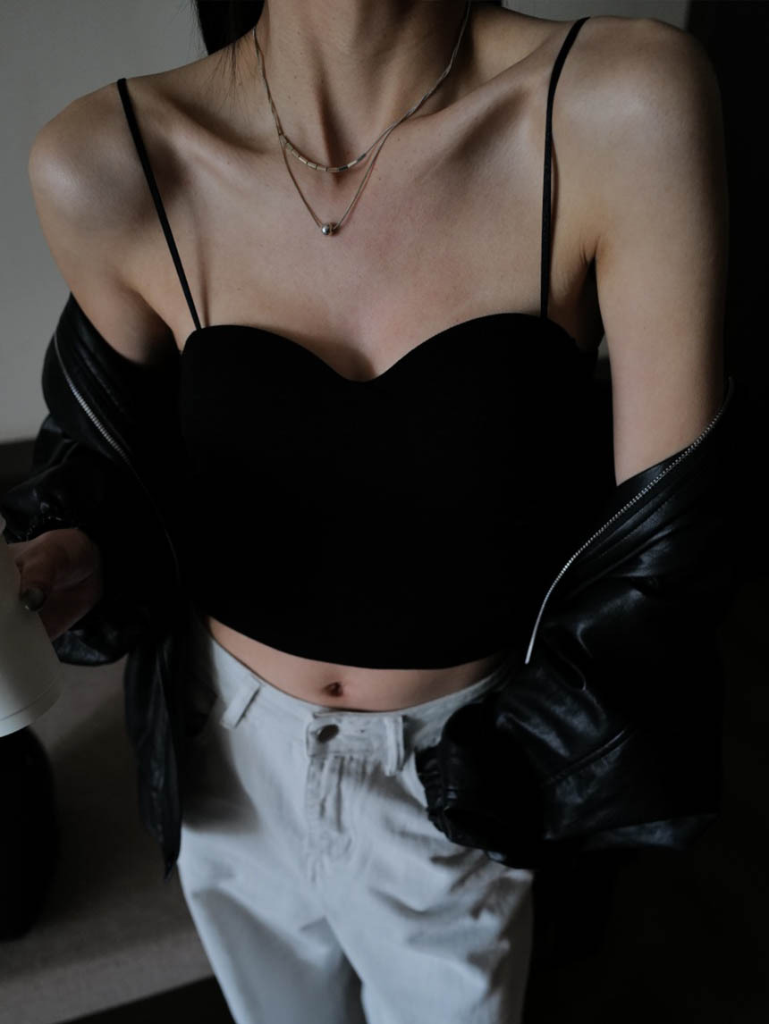 桃心領附胸墊可調節螺紋細肩背心*3色