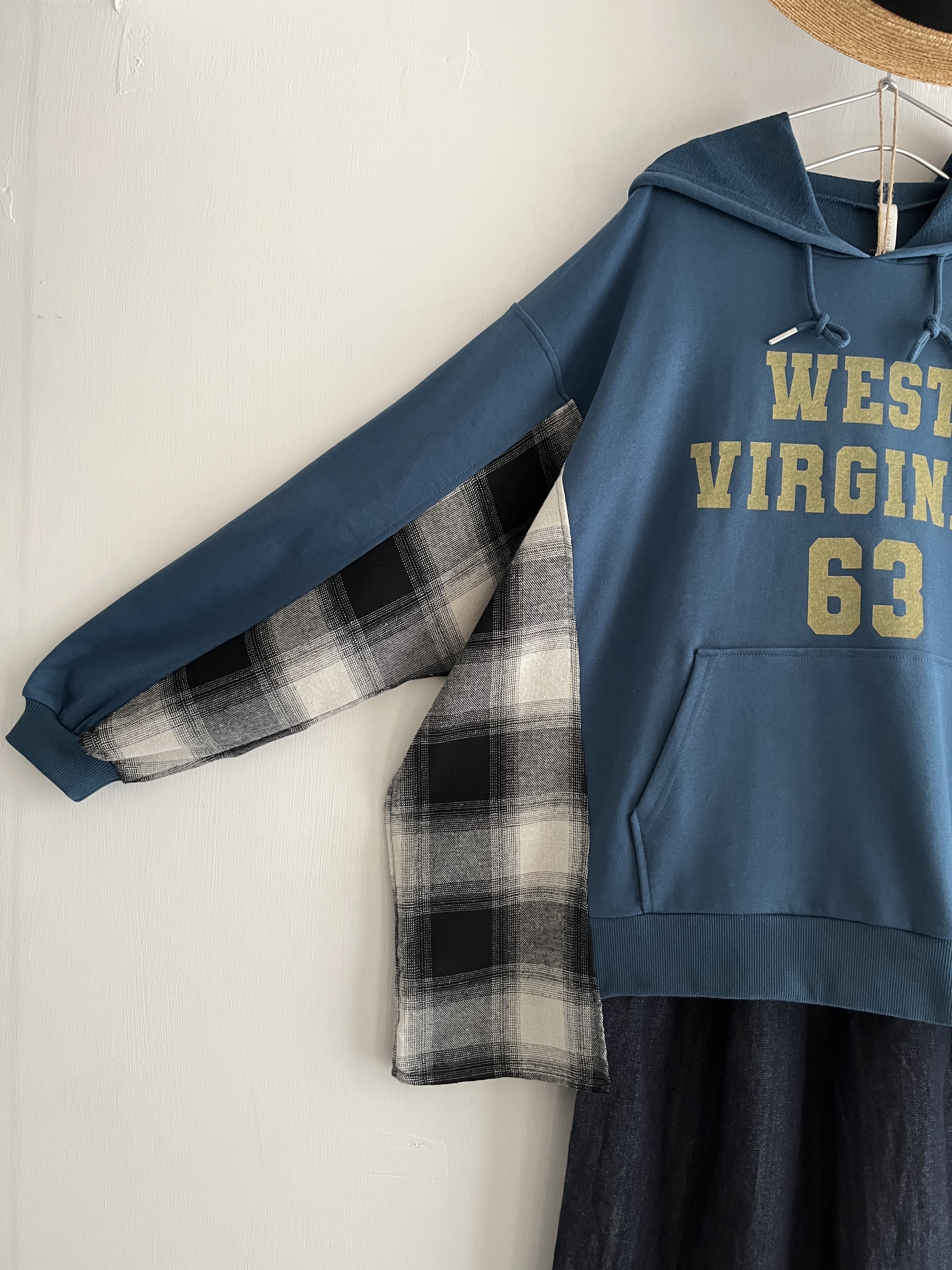 LUPILEN藍色拼格仔布有帽top