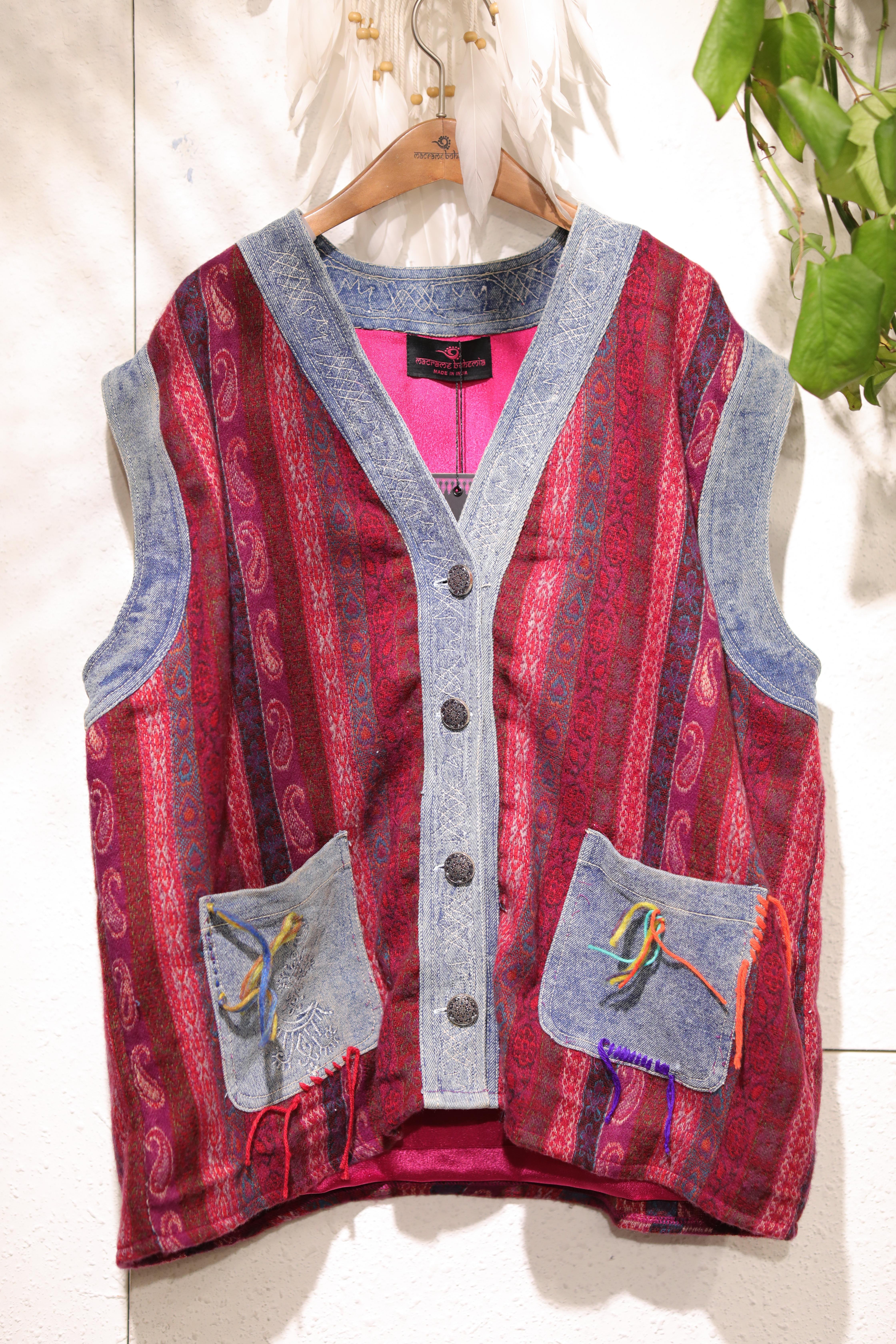 Macrame 羊毛剌繍洗水石磨牛仔馬甲 M3848HS (0206)