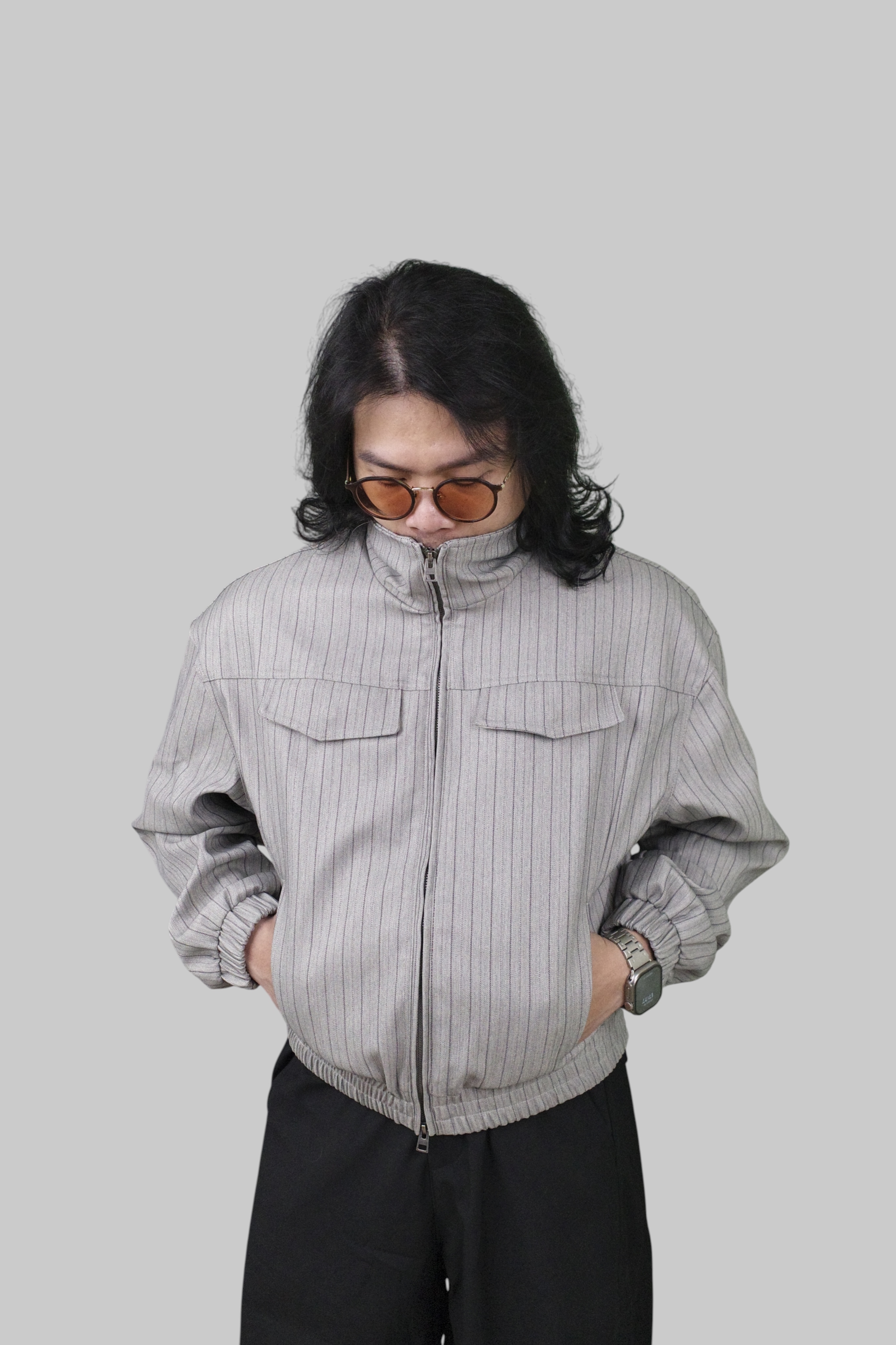 『Always_Good』直條紋 短版 立領 雙拉鍊 夾克 外套