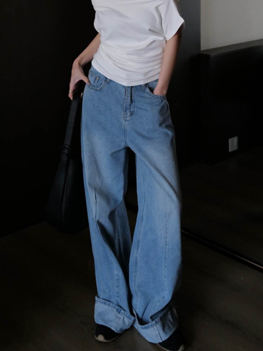 反摺牛仔闊腿褲*3色