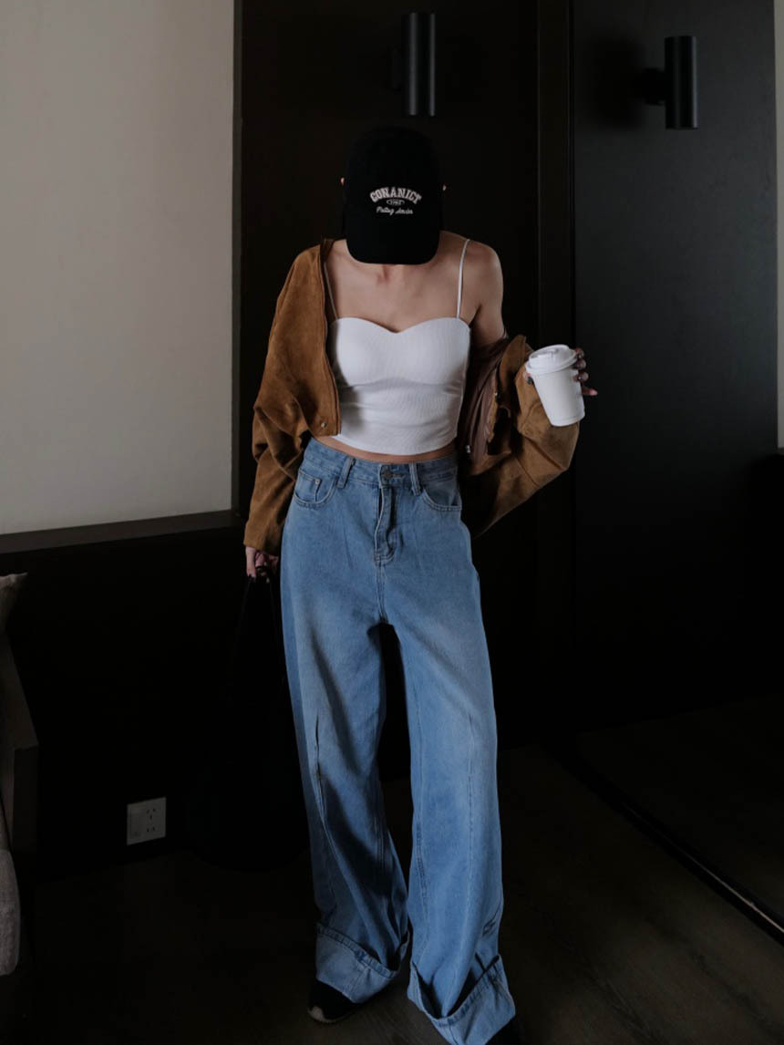 反摺牛仔闊腿褲*3色