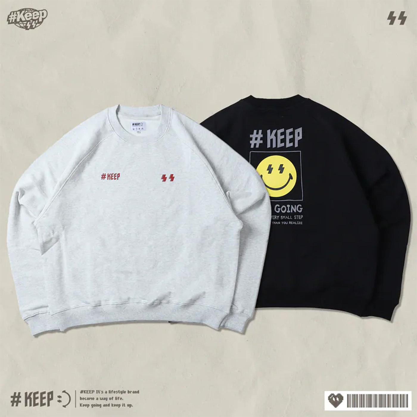 #KEEP SMILEY CREWNECK 淺灰色 黑色 印花 寬版 落肩 保持微笑 笑臉 大學T 長T【KS333】