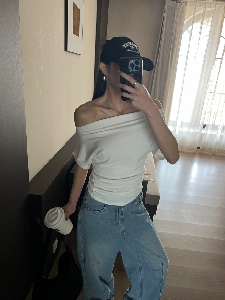 一字肩短袖修身上衣*4色