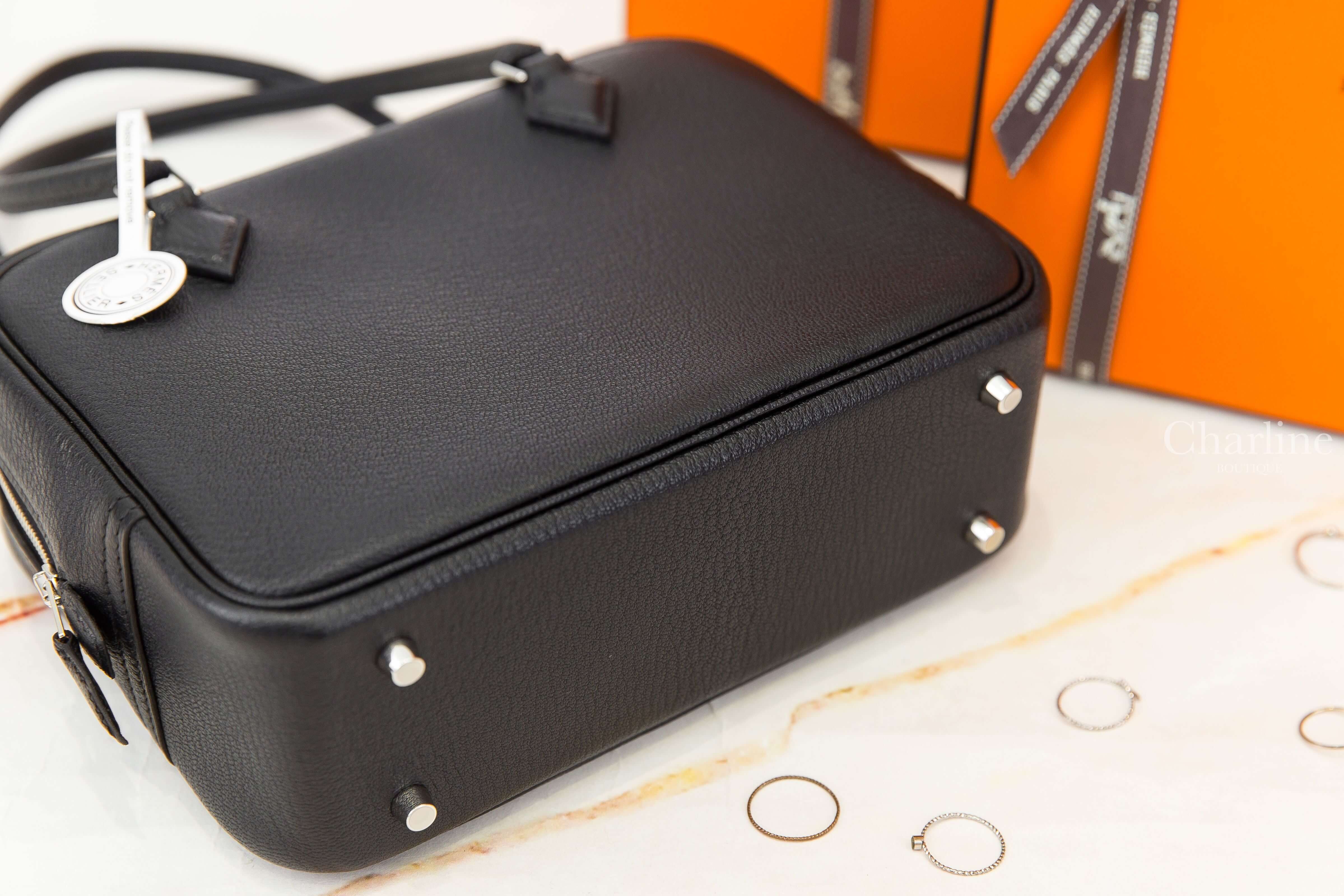 Hermès Plume Mini 89 Noir Chevre Mysore 黑色銀色拉鍊迷你手提包-Charline Boutique 精品代購