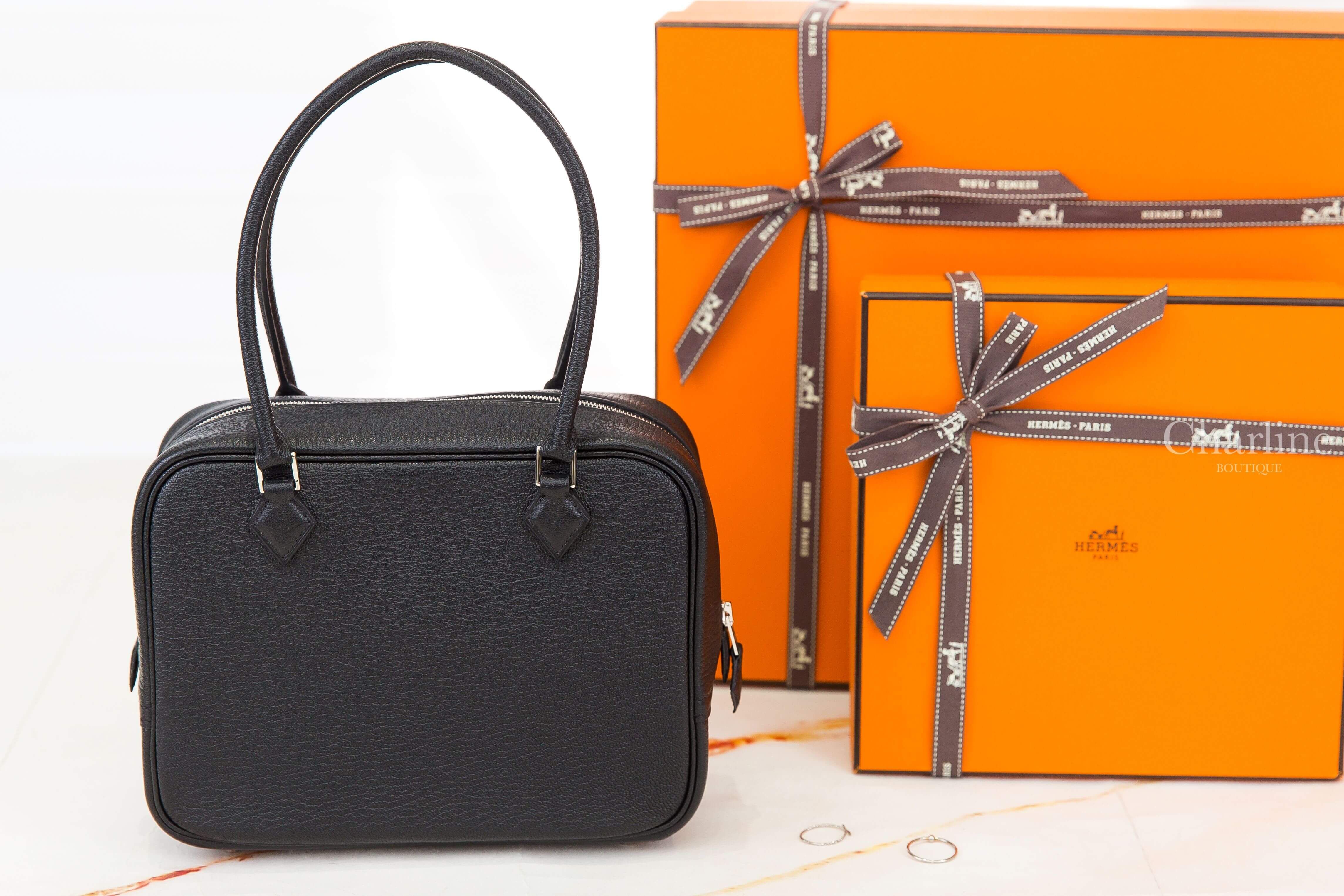 Hermès Plume Mini 89 Noir Chevre Mysore 黑色銀色拉鍊迷你手提包-Charline Boutique 精品代購