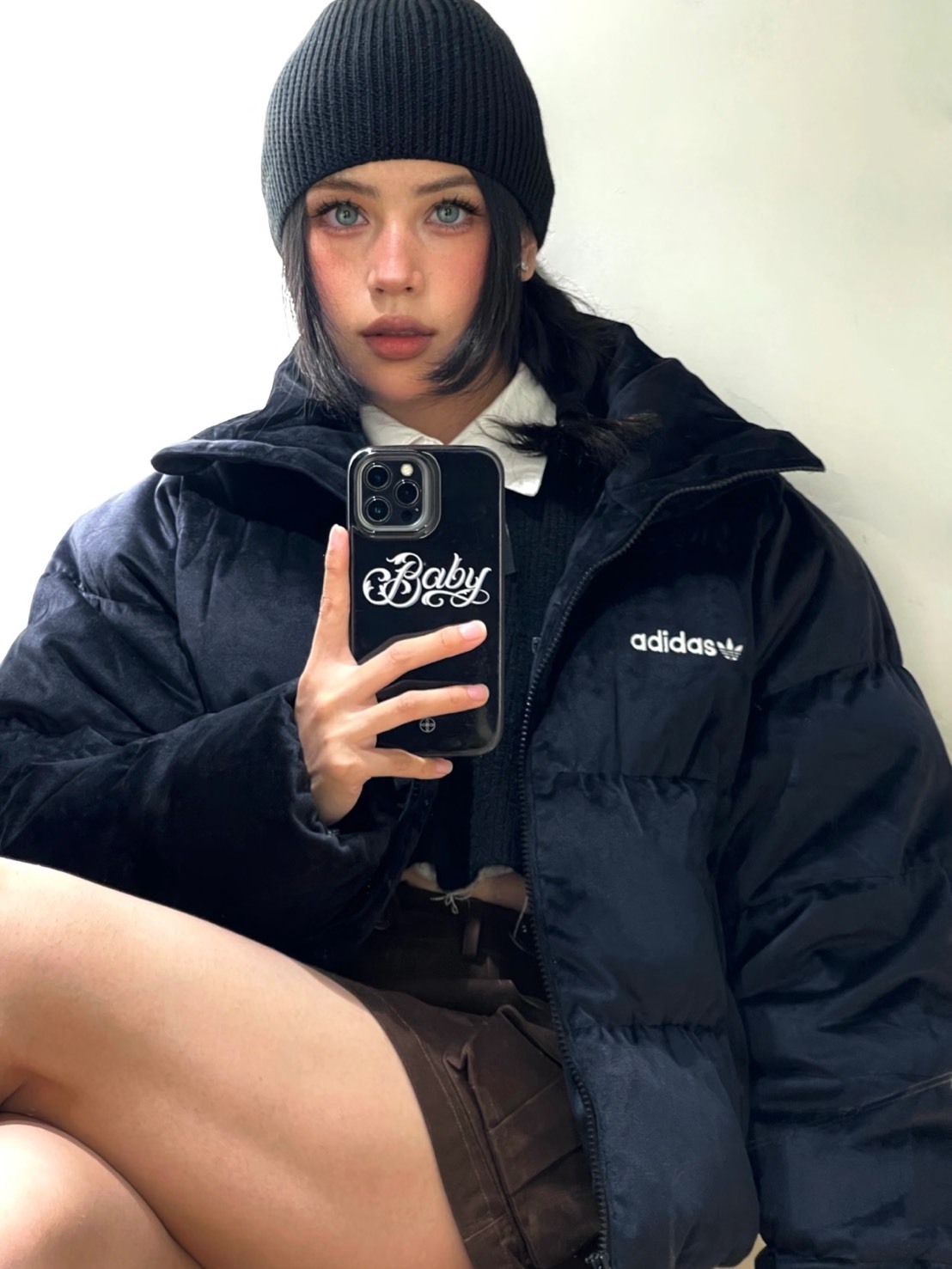 ADIDAS ORIGINALS 立領 短版 黑絲絨 羽絨外套