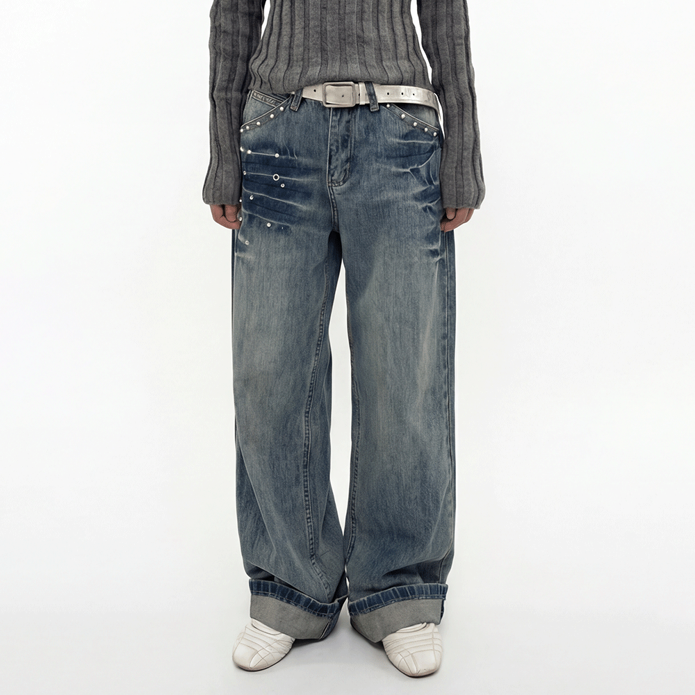 重工水鑽鉚釘牛仔寬褲